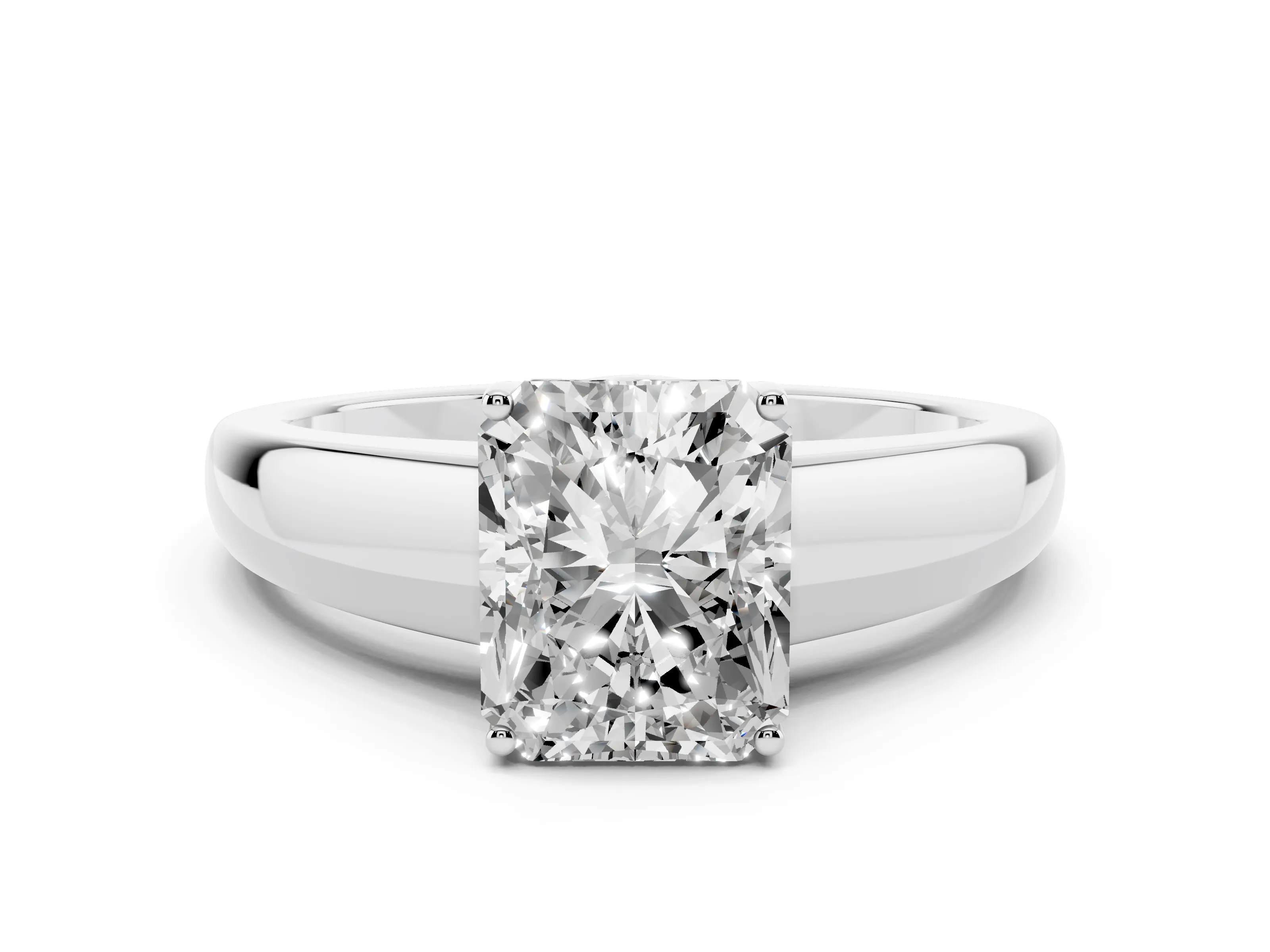 Radiant Cut Diamond Solitaire Ring Set in White gold with Tapered Band and Prong Setting
