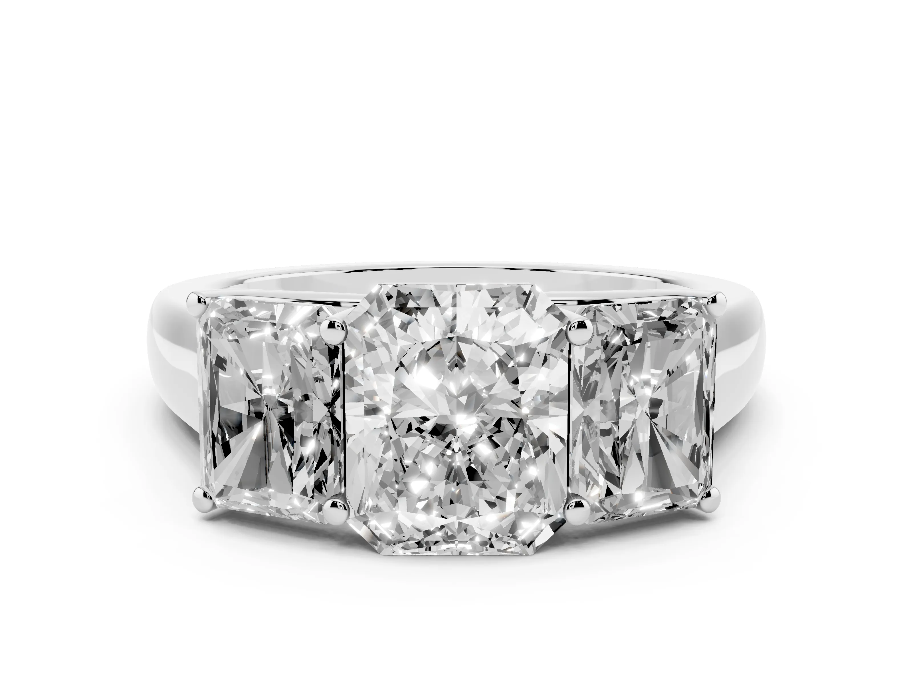 Radiant Cut Diamond Three-Stone Ring Set in White gold with Plain Polished Band