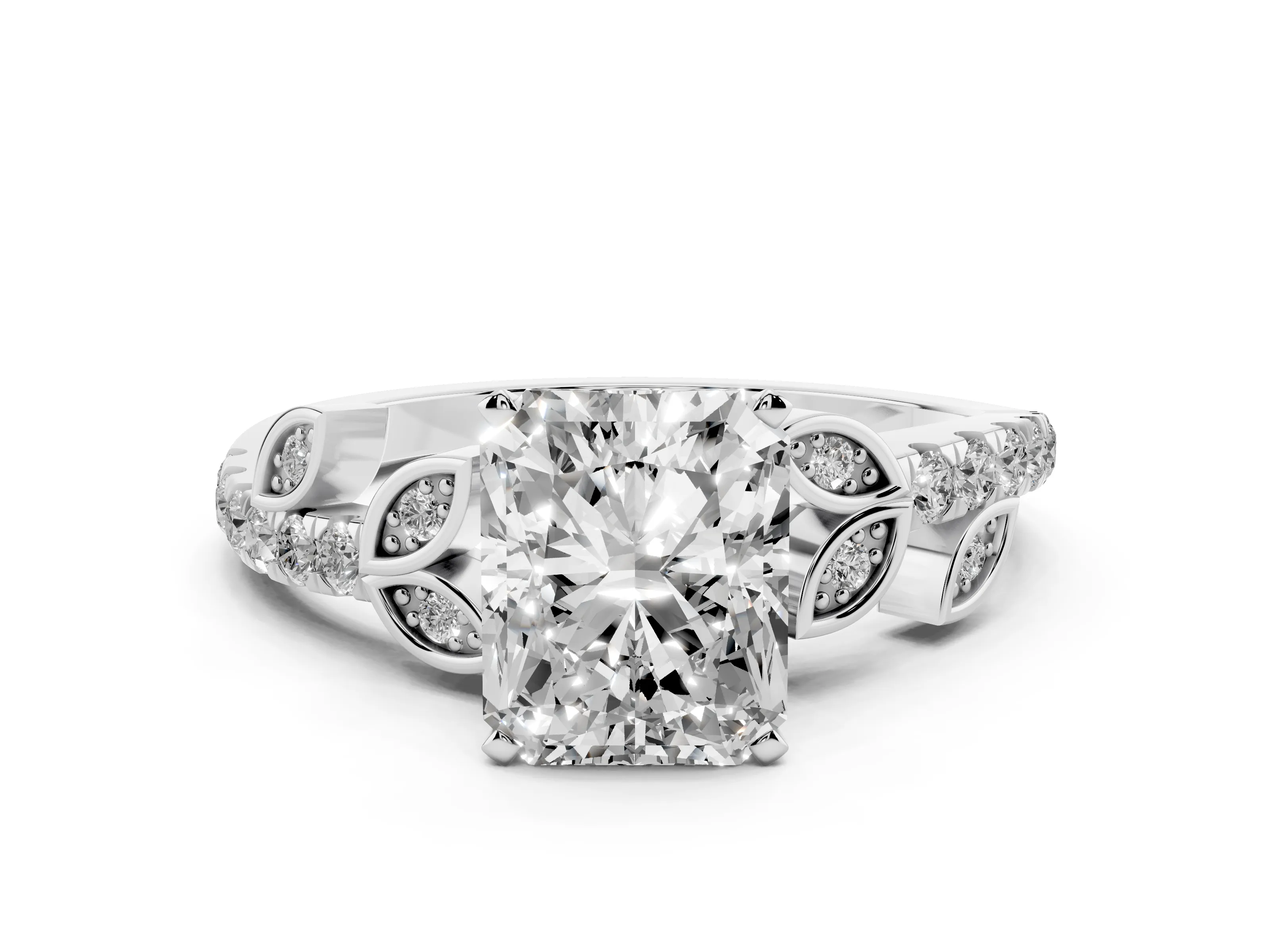 Radiant Cut Diamond Solitaire Leaf-Inspired Ring Set in Platinum with Pavé Band and Prong Setting