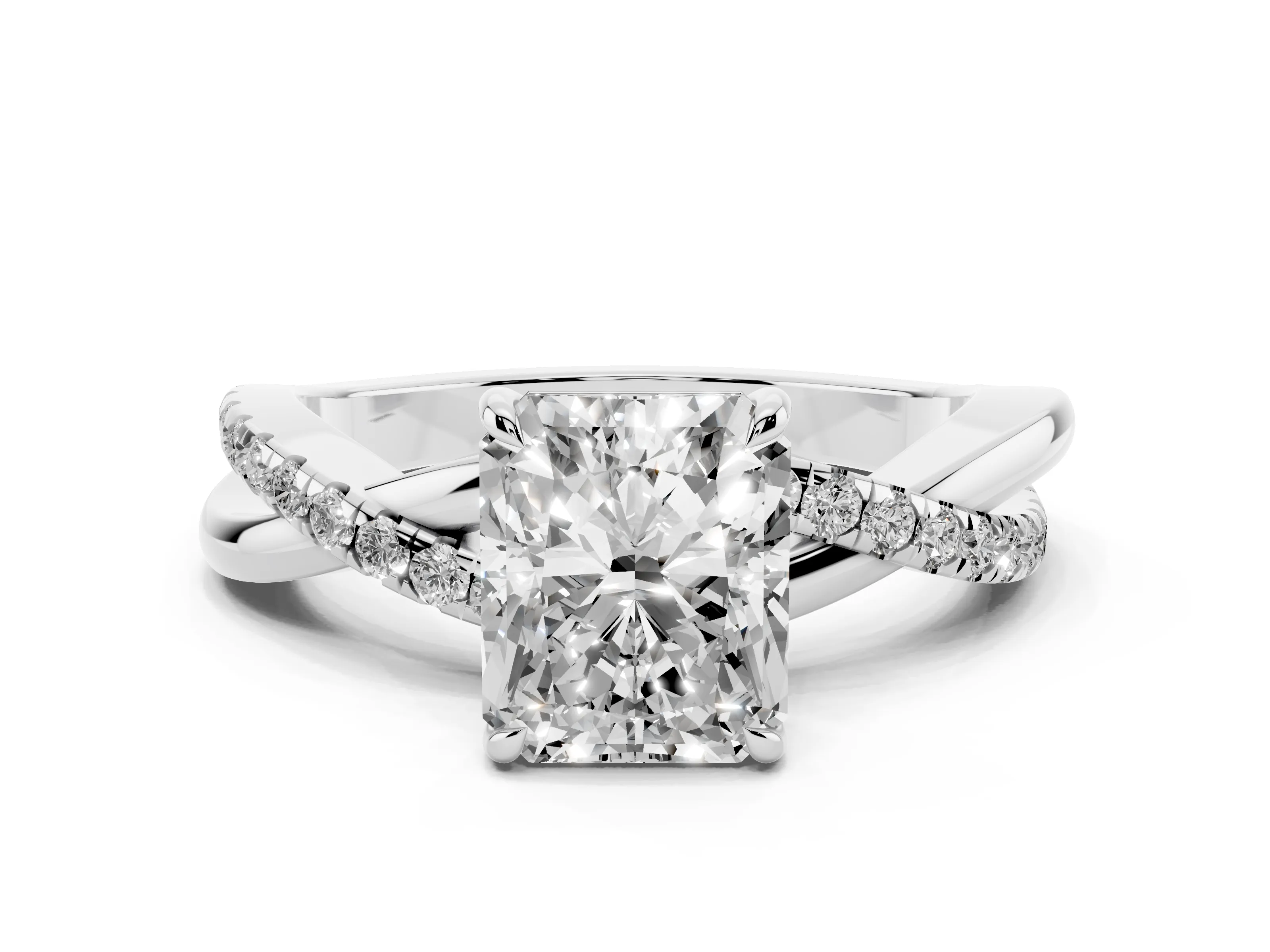 Radiant Cut Diamond Twisted Pavé Band Ring Set in Platinum with Prong Setting