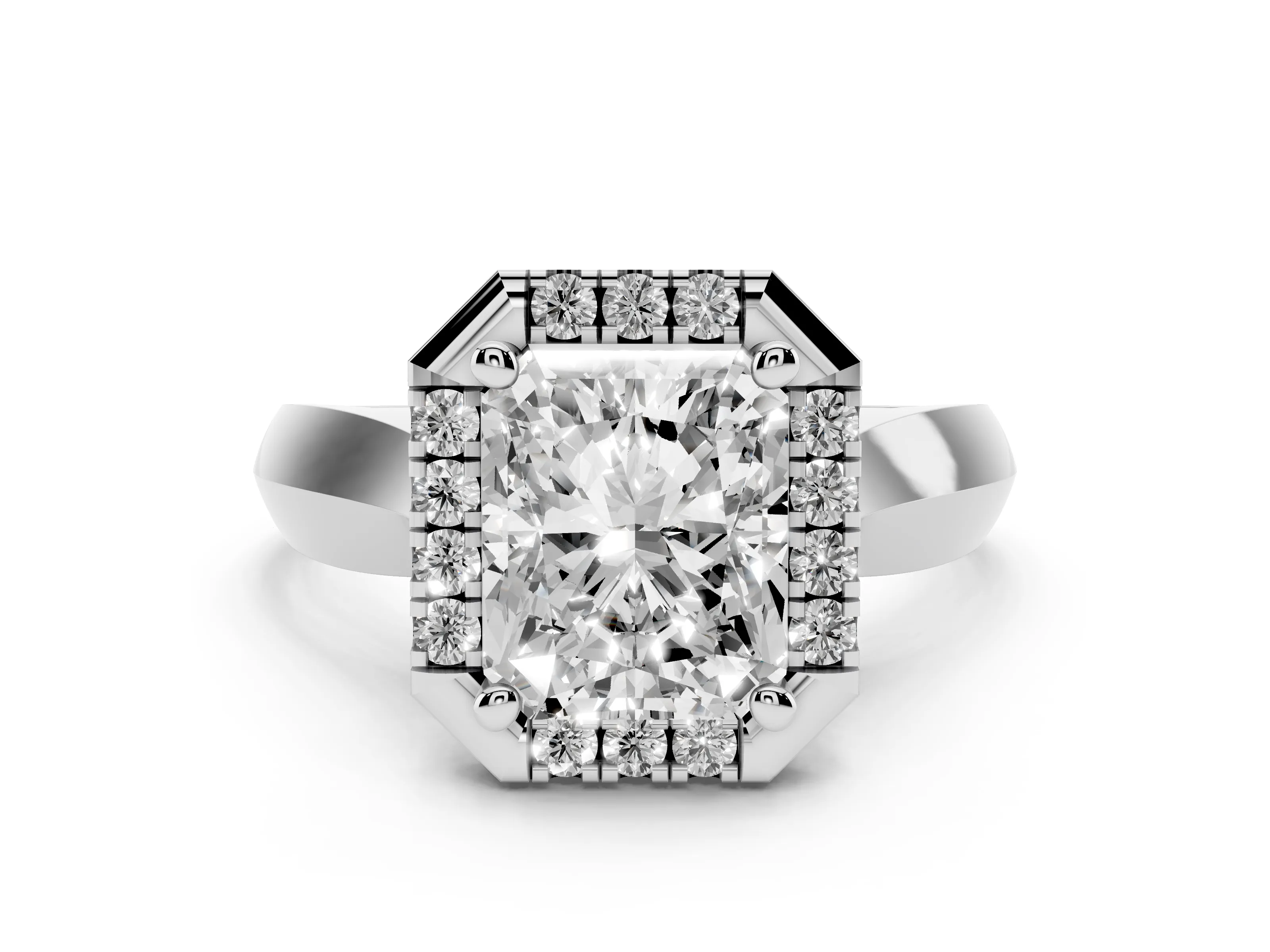 Radiant Cut Diamond Halo Solitaire Engagement Ring Set in Platinum with Square Band and Prong Setting