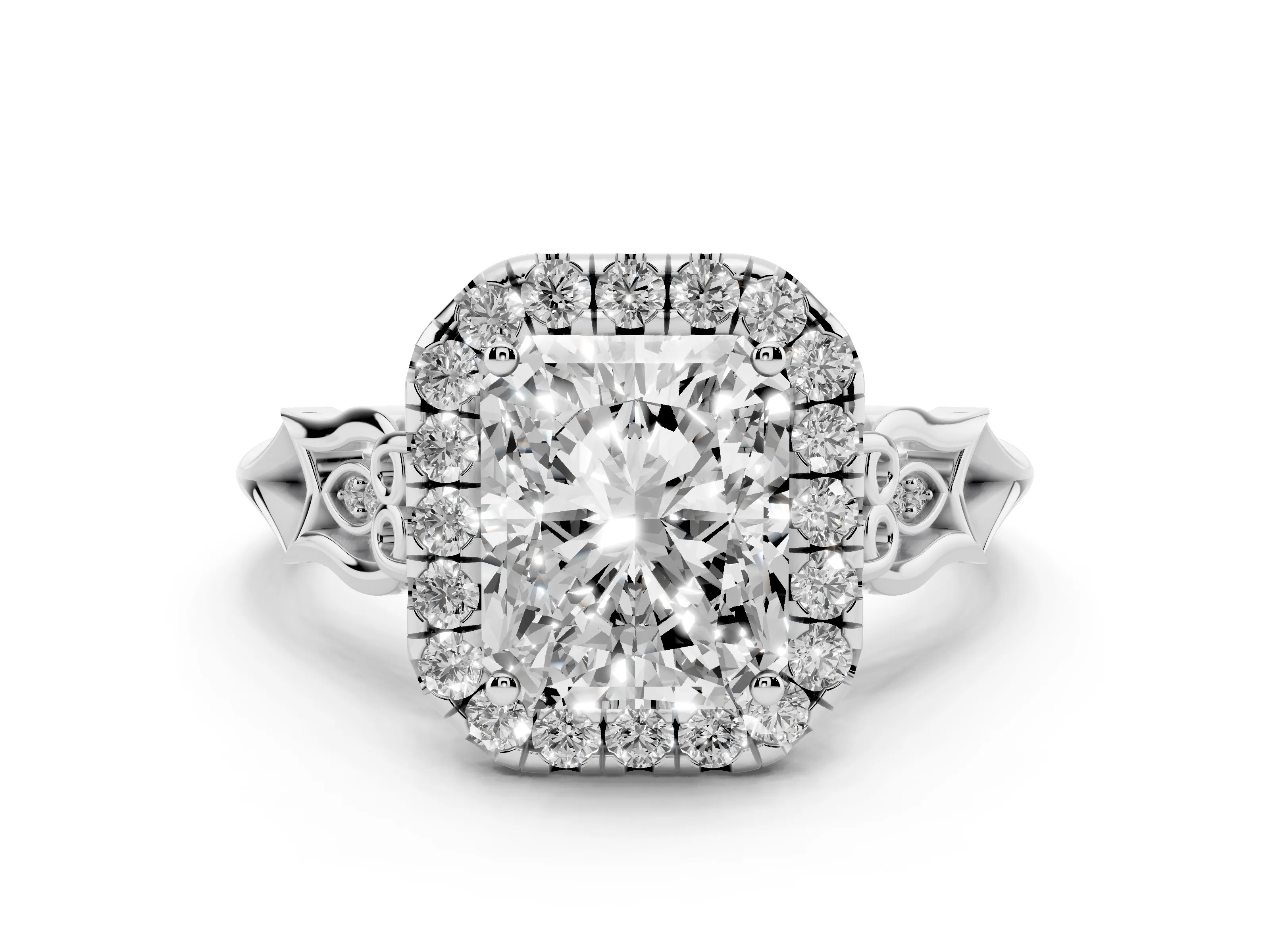 Radiant Cut Diamond Halo Engagement Ring Set in White gold with Filigree Band and Prong-Set Center