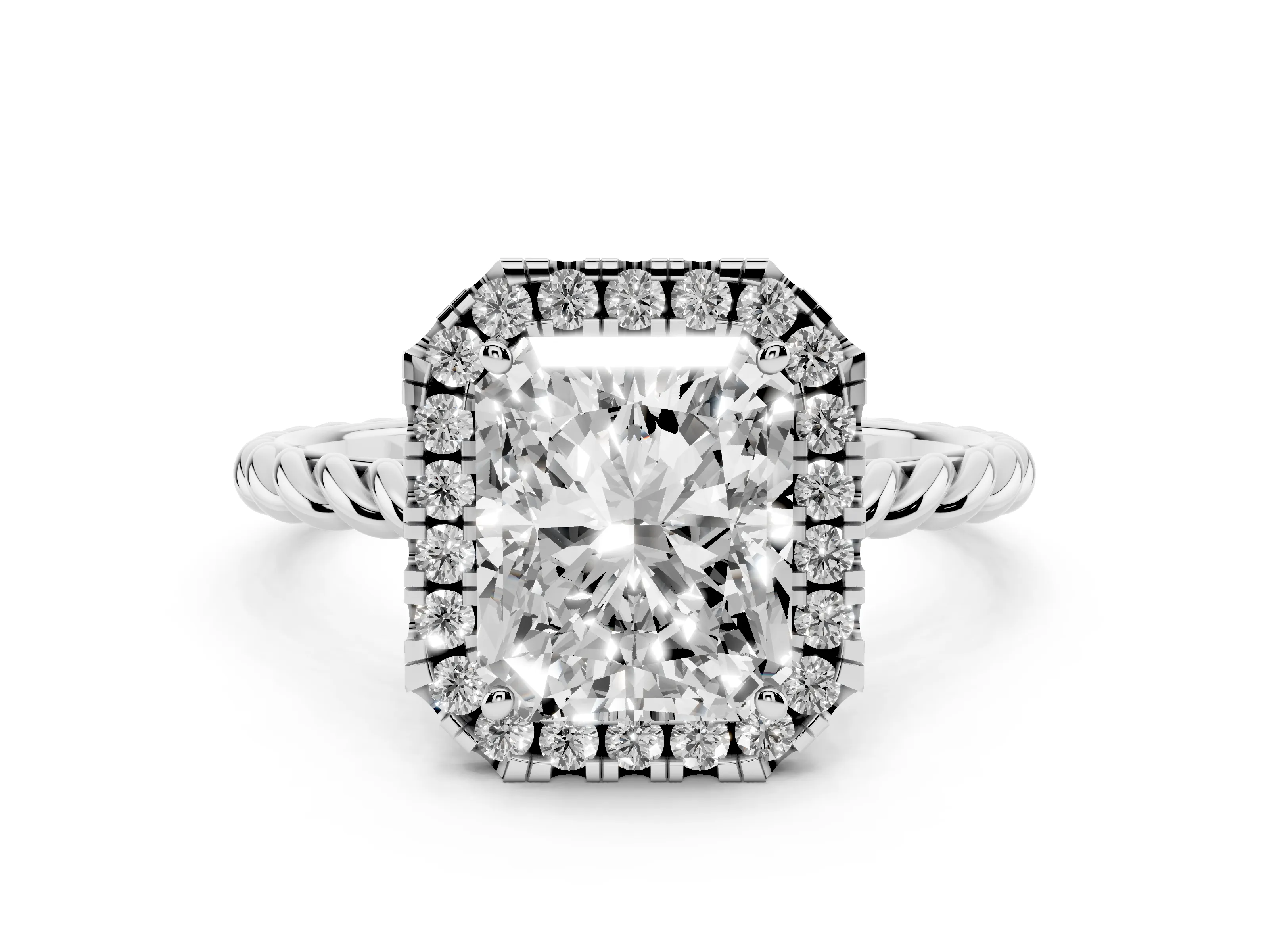 Radiant Cut Diamond Halo Ring Set in Platinum with Plain Twisted Band