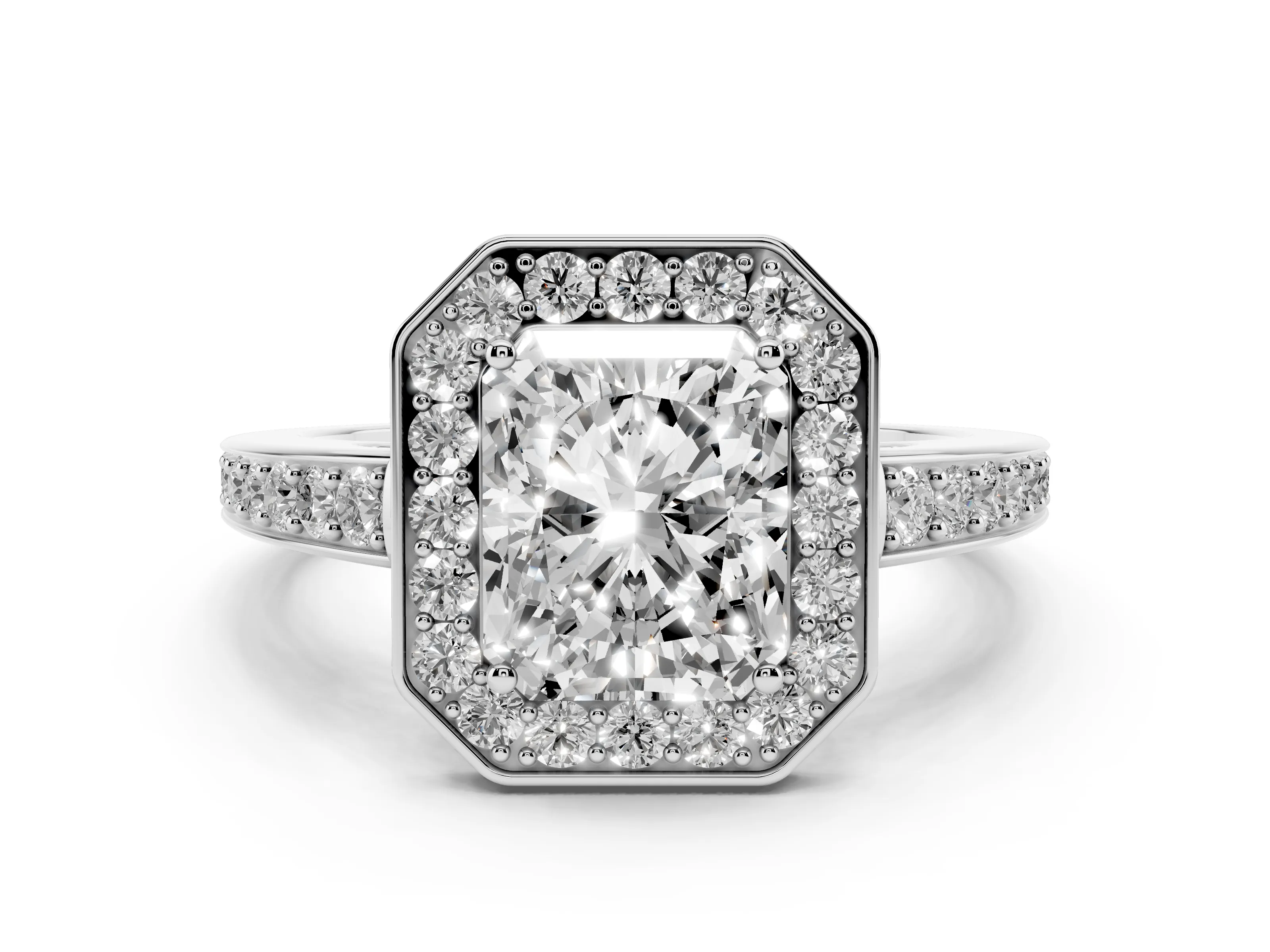 Radiant Cut Diamond Halo Pavé Engagement Ring Set in White gold with Bezel Setting
