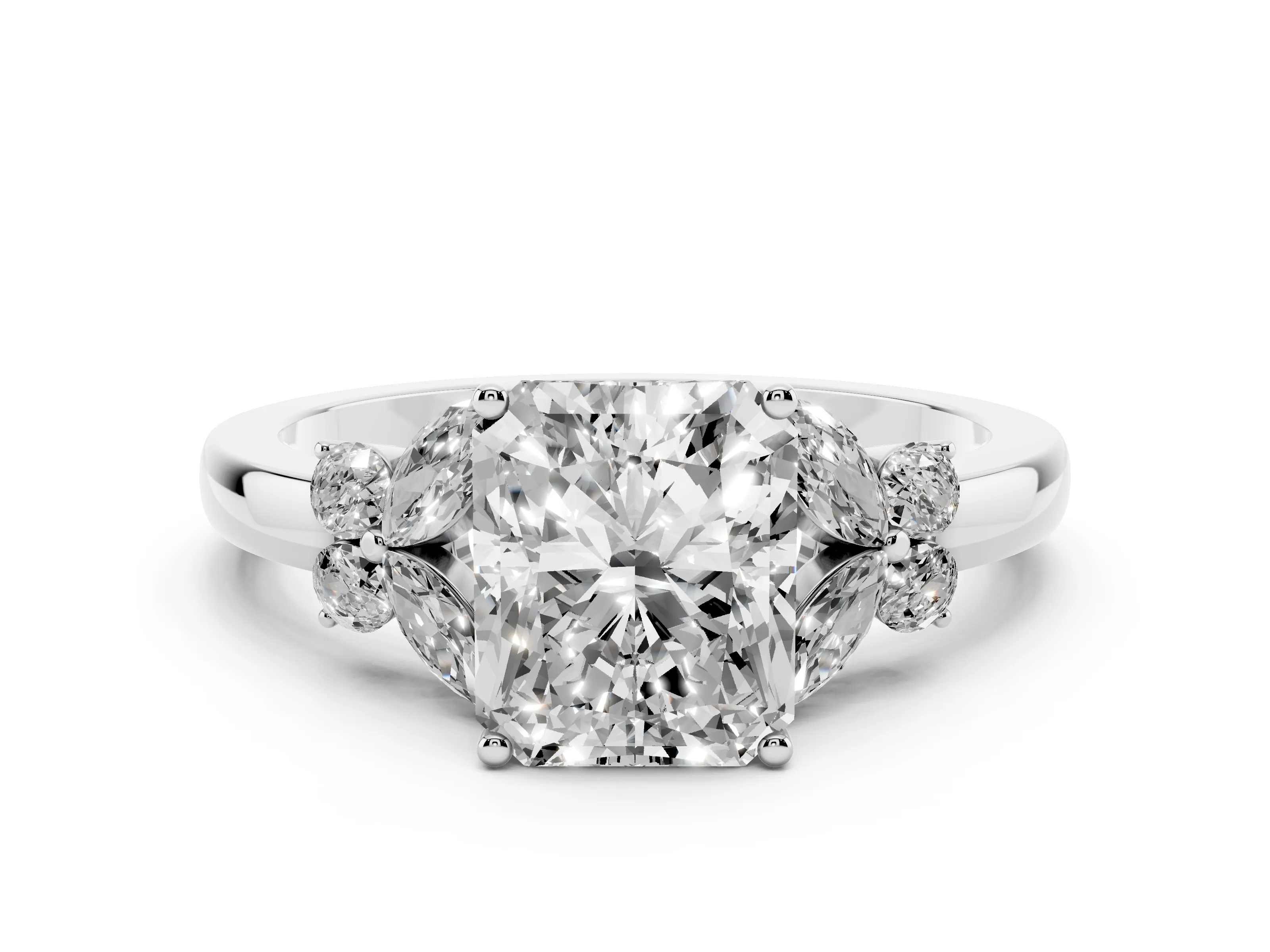 Radiant Cut Diamond Solitaire Floral Ring Set in White gold with Marquise Petals and Prong Setting