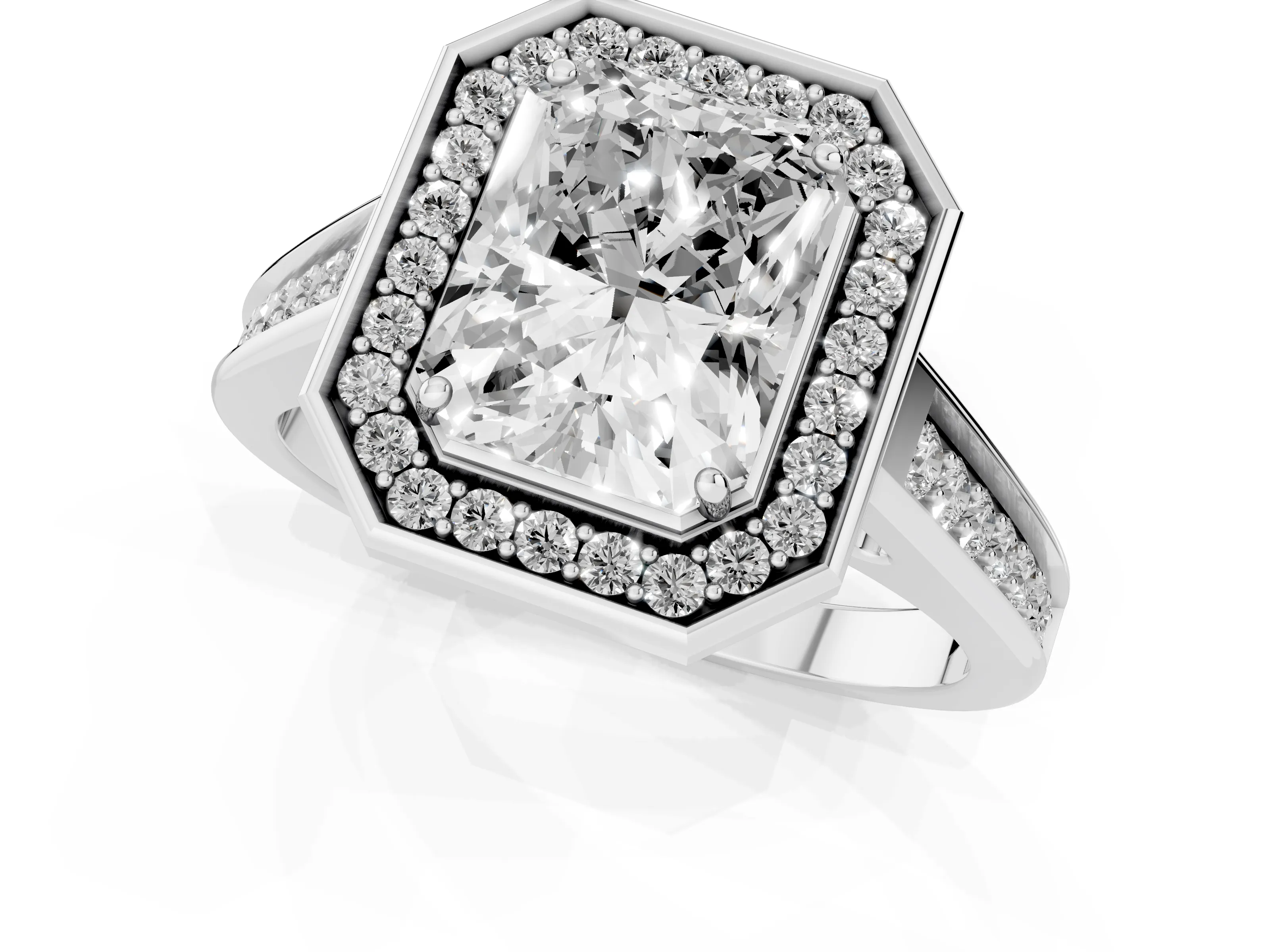 Radiant Cut Diamond Halo Solitaire Ring Set in White gold with Pavé Band and Bezel Setting – second view