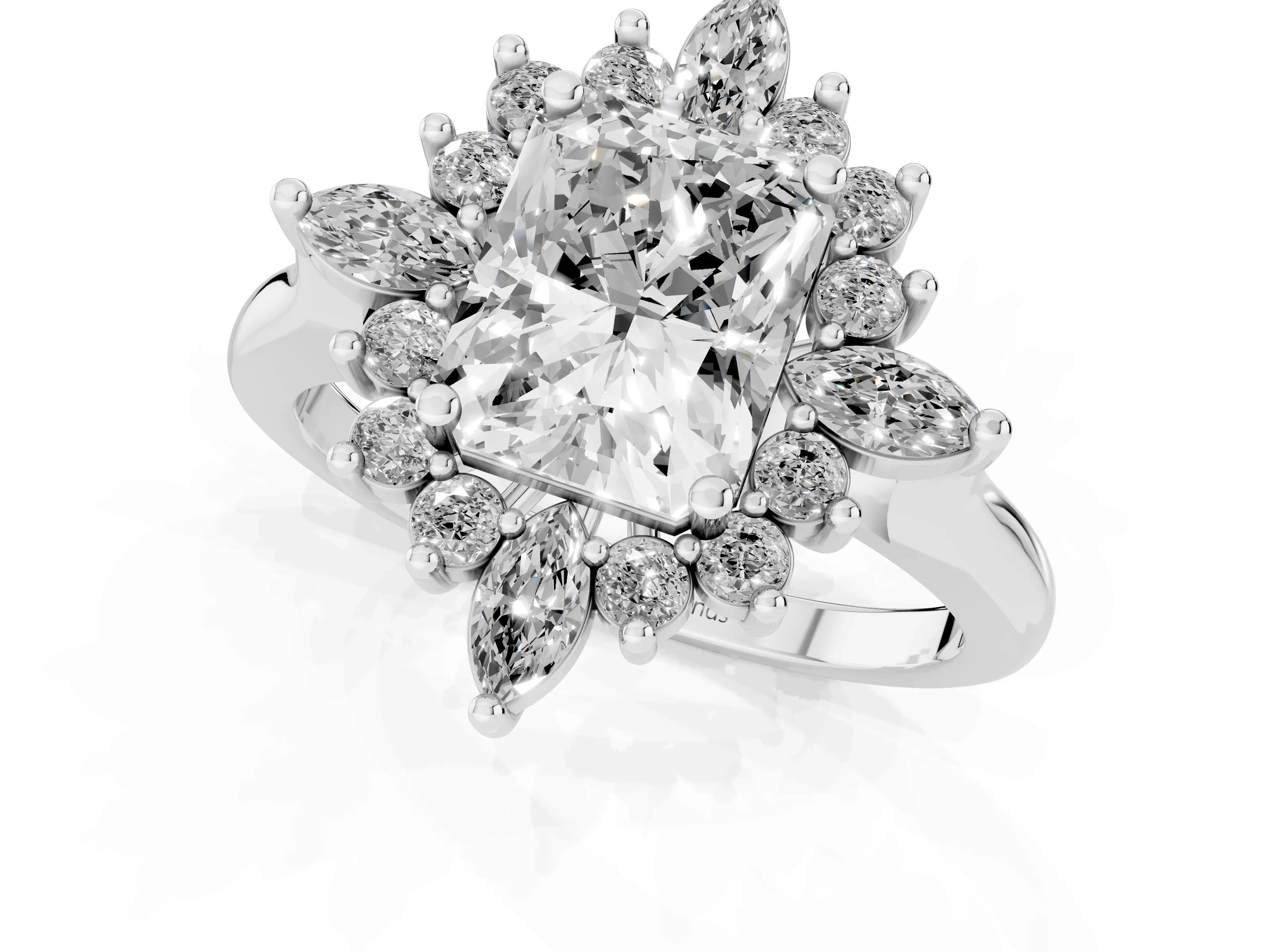 Radiant Cut Diamond Cluster Halo Ring Set in Silver with Marquise and Round Accents