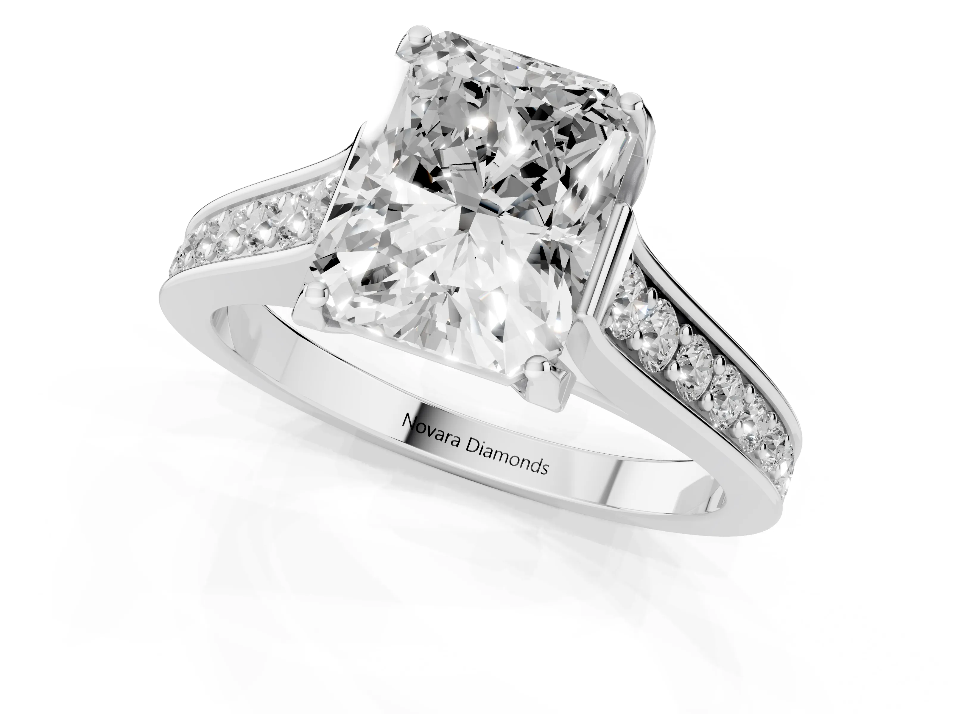 Radiant Cut Diamond Solitaire Pavé Engagement Ring Set in Platinum with Prong Setting