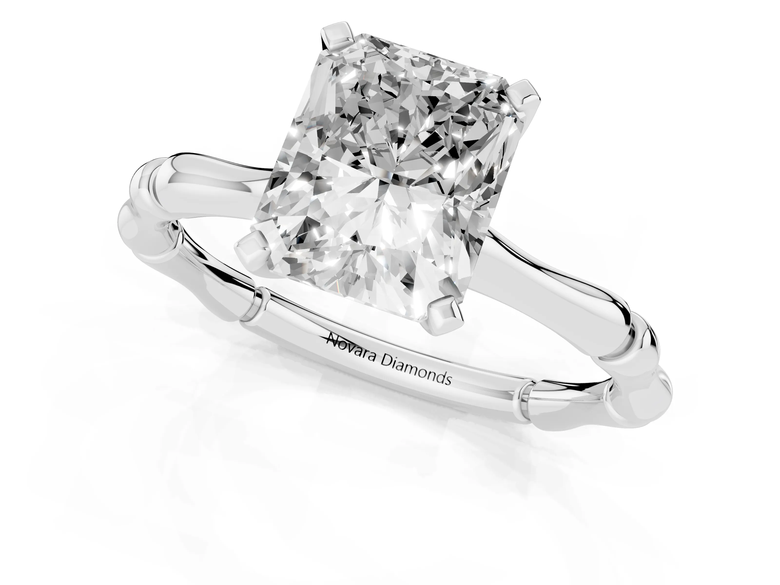 Radiant Cut Diamond Solitaire Ring Set in Platinum with Bamboo Band and Prong Setting