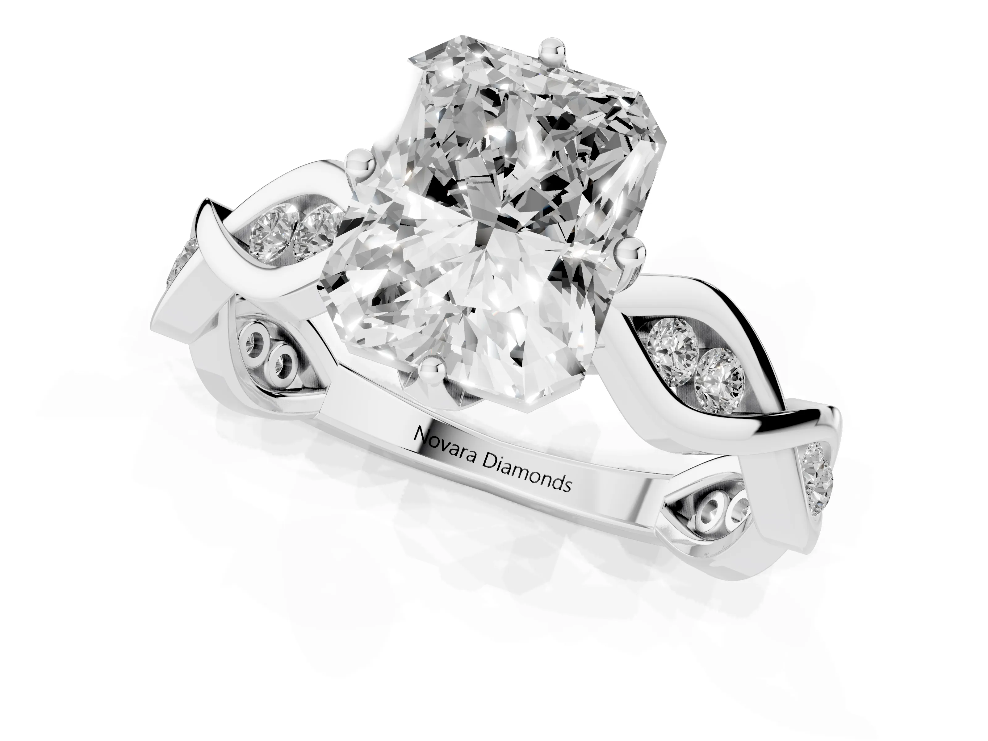 Radiant Cut Diamond Twist Band Solitaire Ring Set in Platinum with Leaf Prong Setting and Accent Stones