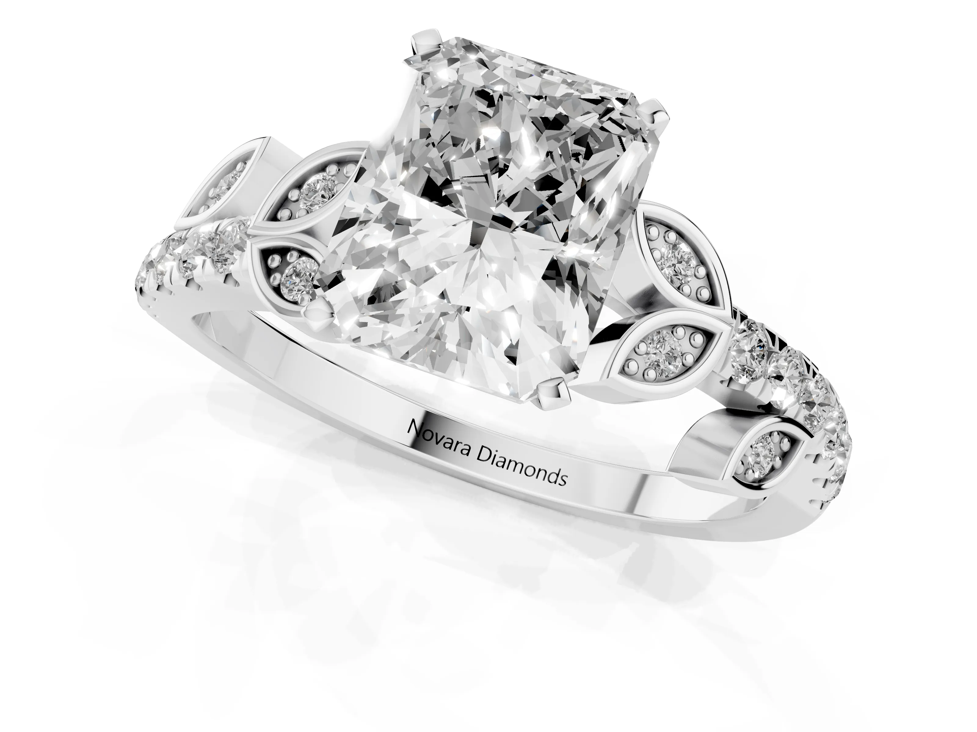 Radiant Cut Diamond Solitaire Leaf-Inspired Ring Set in Platinum with Pavé Band and Prong Setting