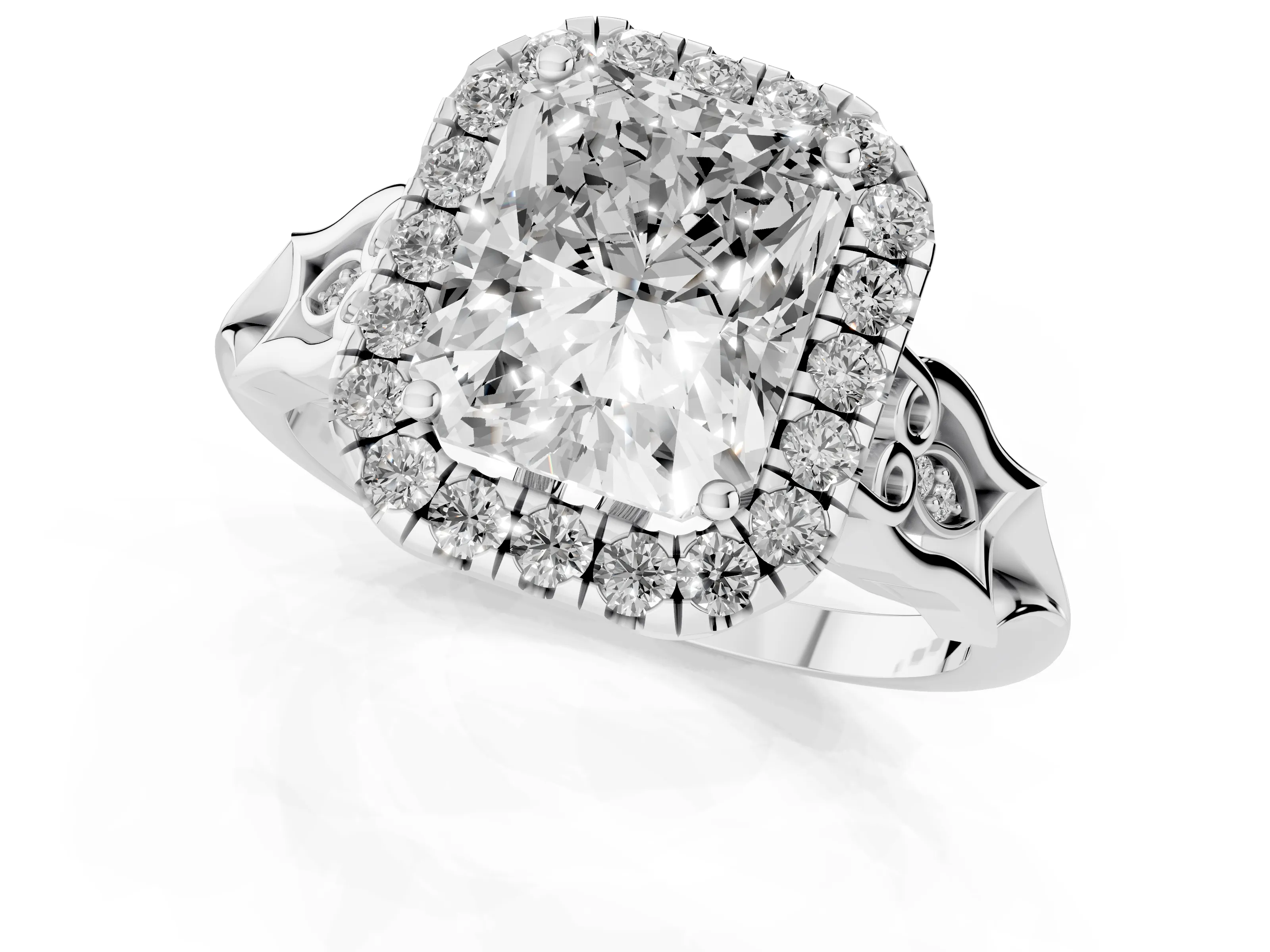 Radiant Cut Diamond Halo Engagement Ring Set in White gold with Filigree Band and Prong-Set Center – second view