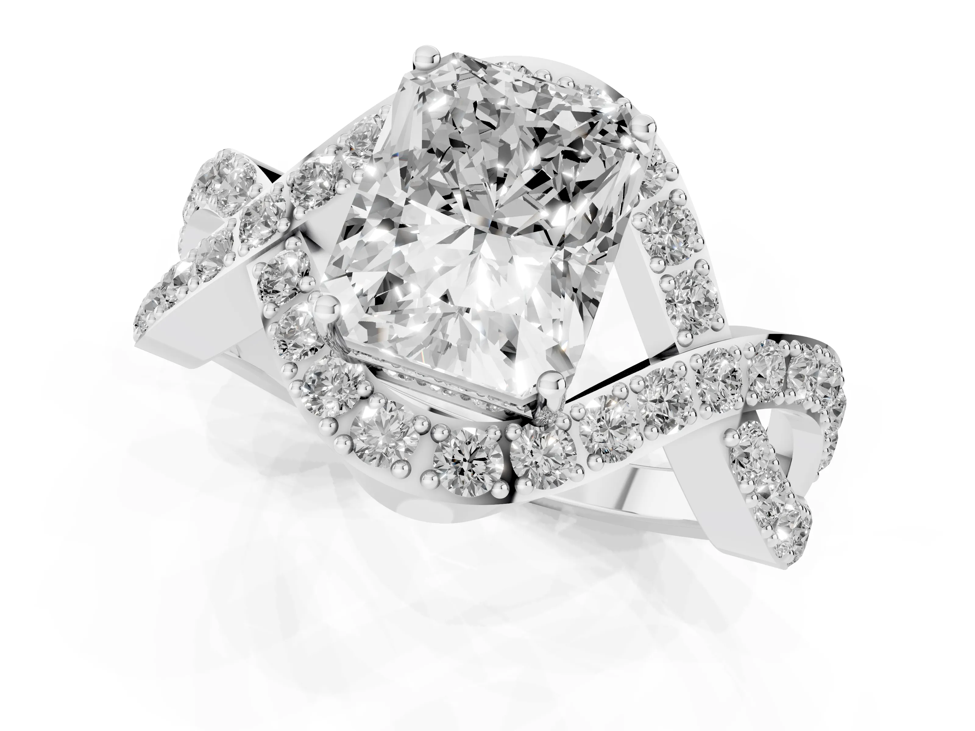 Radiant Cut Diamond Solitaire Twist Band Pavé Engagement Ring Set in Platinum
