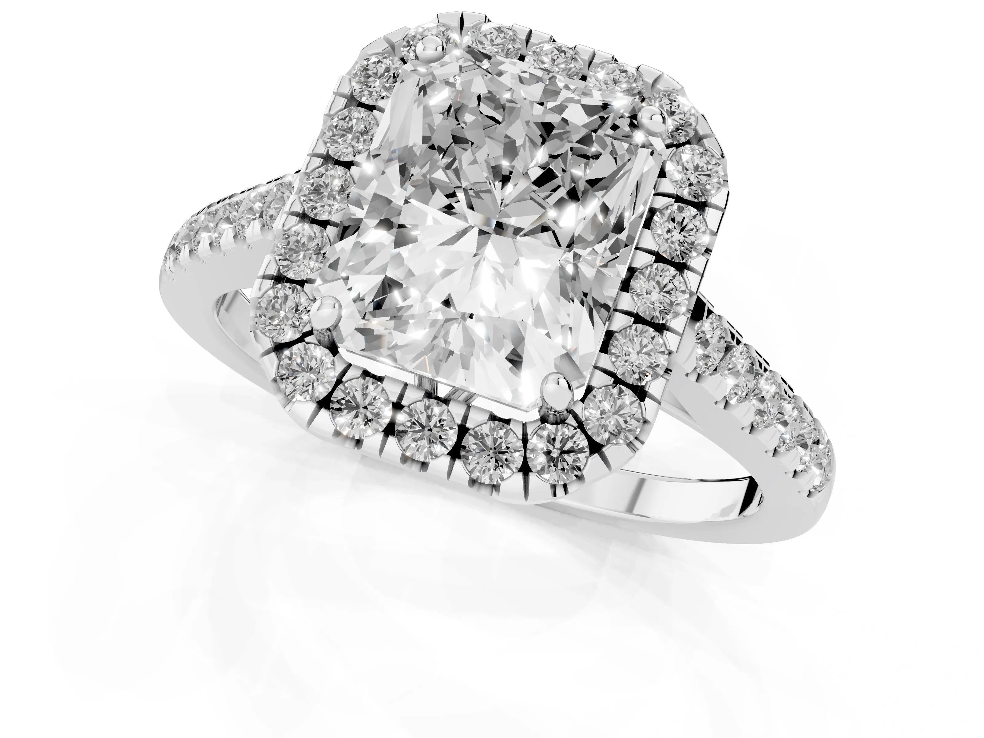 Radiant Cut Diamond Pavé Halo Engagement Ring Set in White gold with Pavé Band and Prong Setting