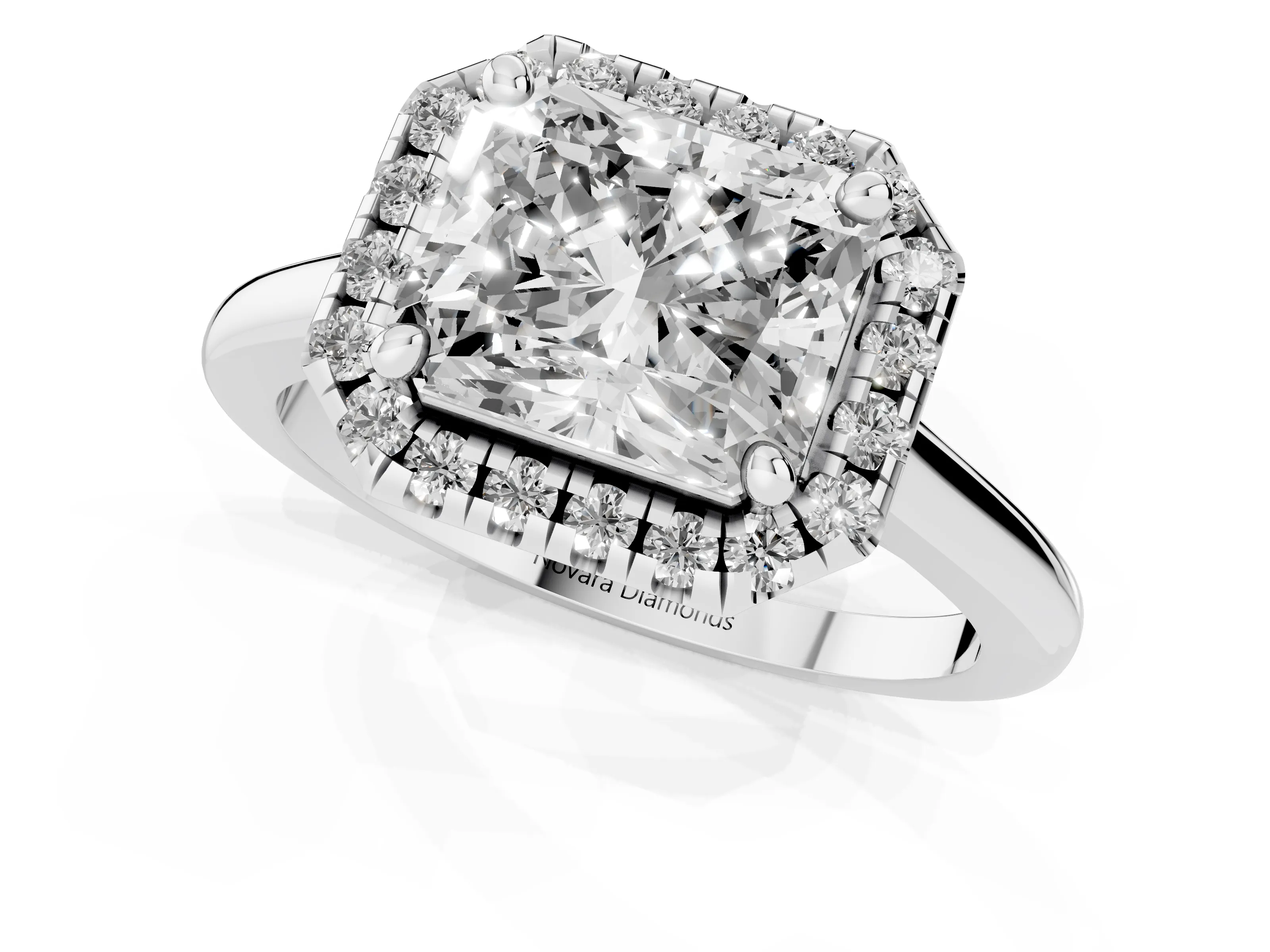 Radiant Cut Diamond Halo Engagement Ring Set in Silver with Pavé Band and Rising Shoulders