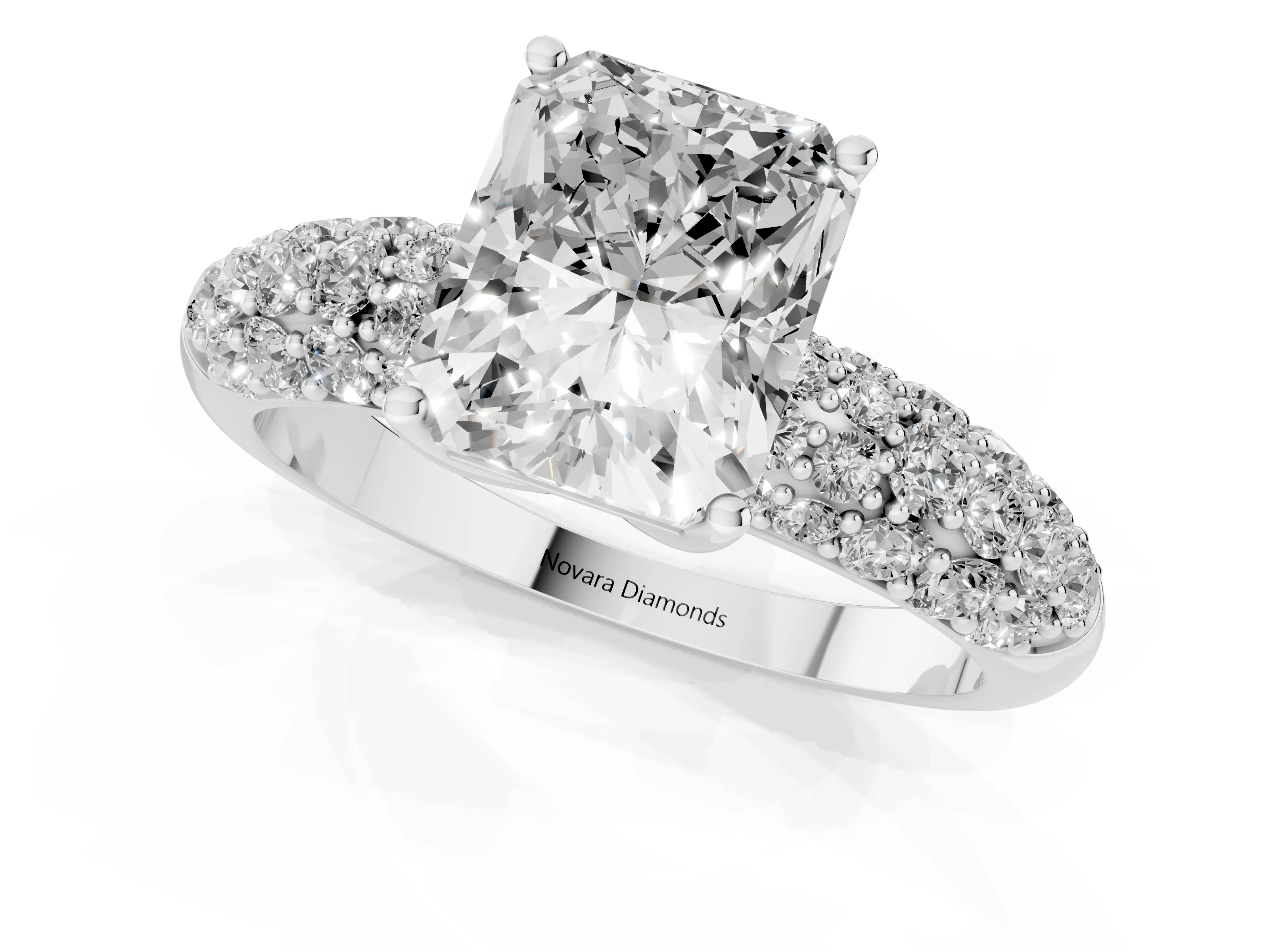 Radiant Cut Diamond Pavé Band Solitaire Ring Set in White gold with Close-Set Accent Stones and Prong Setting