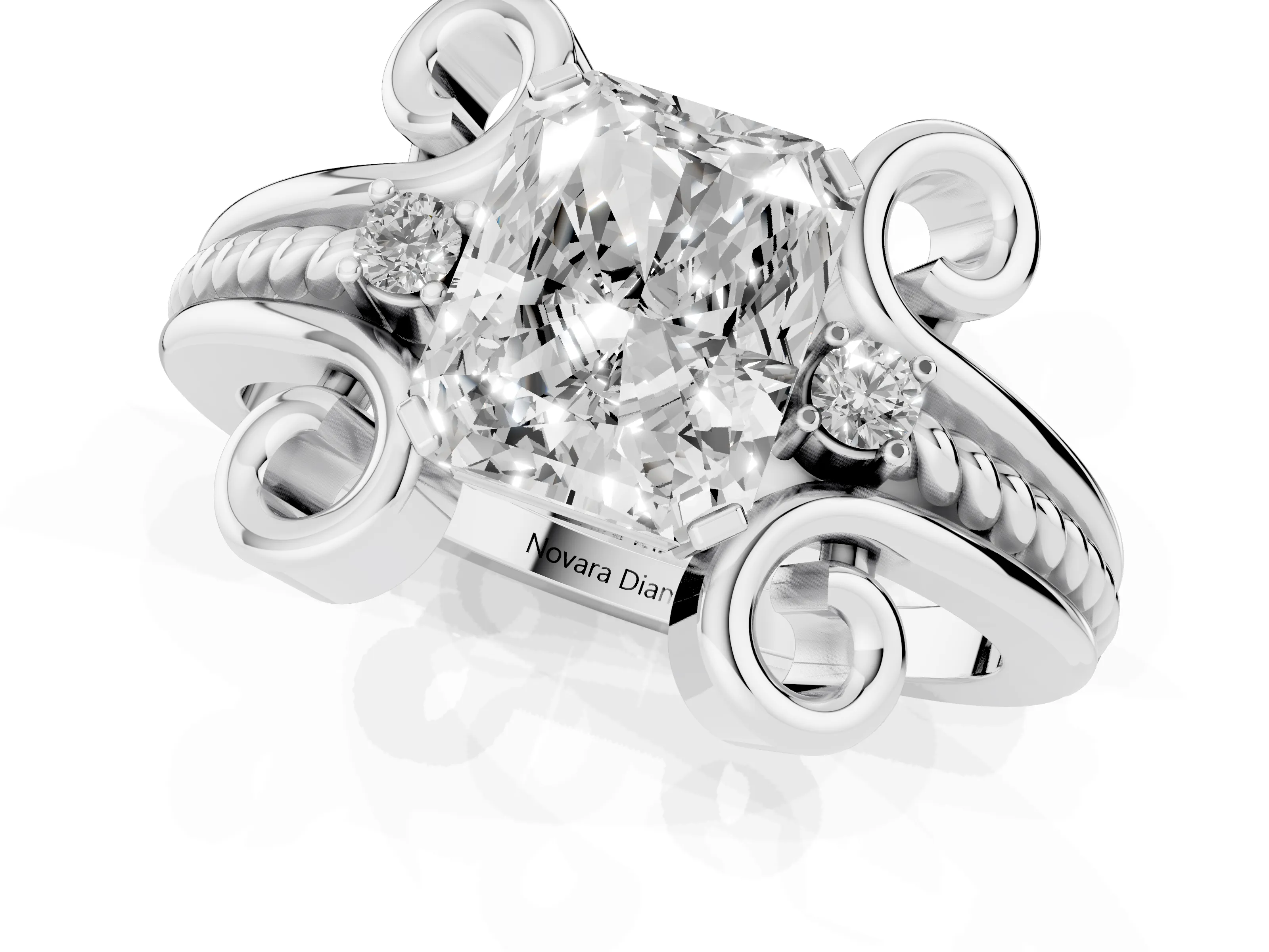 Radiant Cut Diamond Twisted Band Solitaire Ring Set in Platinum with Scroll Prongs