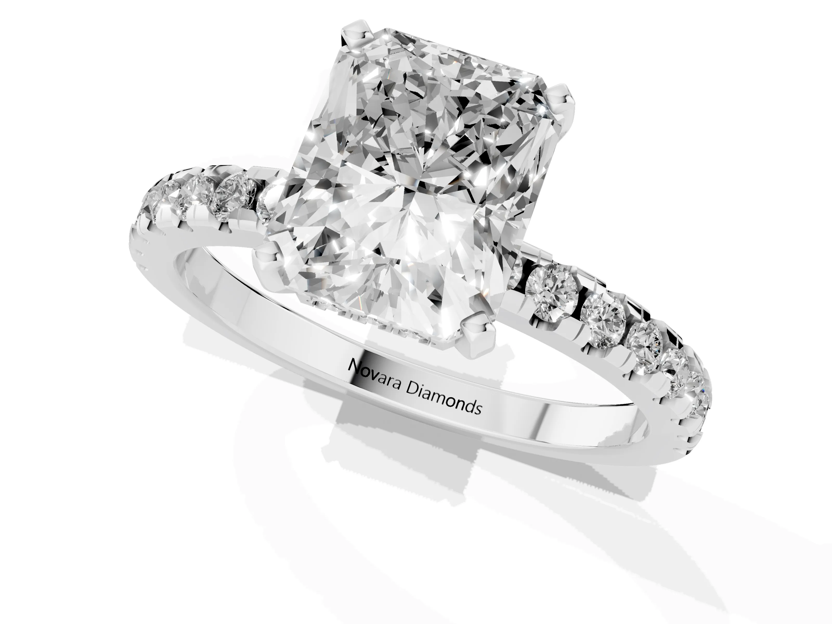 Radiant Cut Diamond Pavé Solitaire Ring Set in Platinum with Round Band Accents and Prong Setting