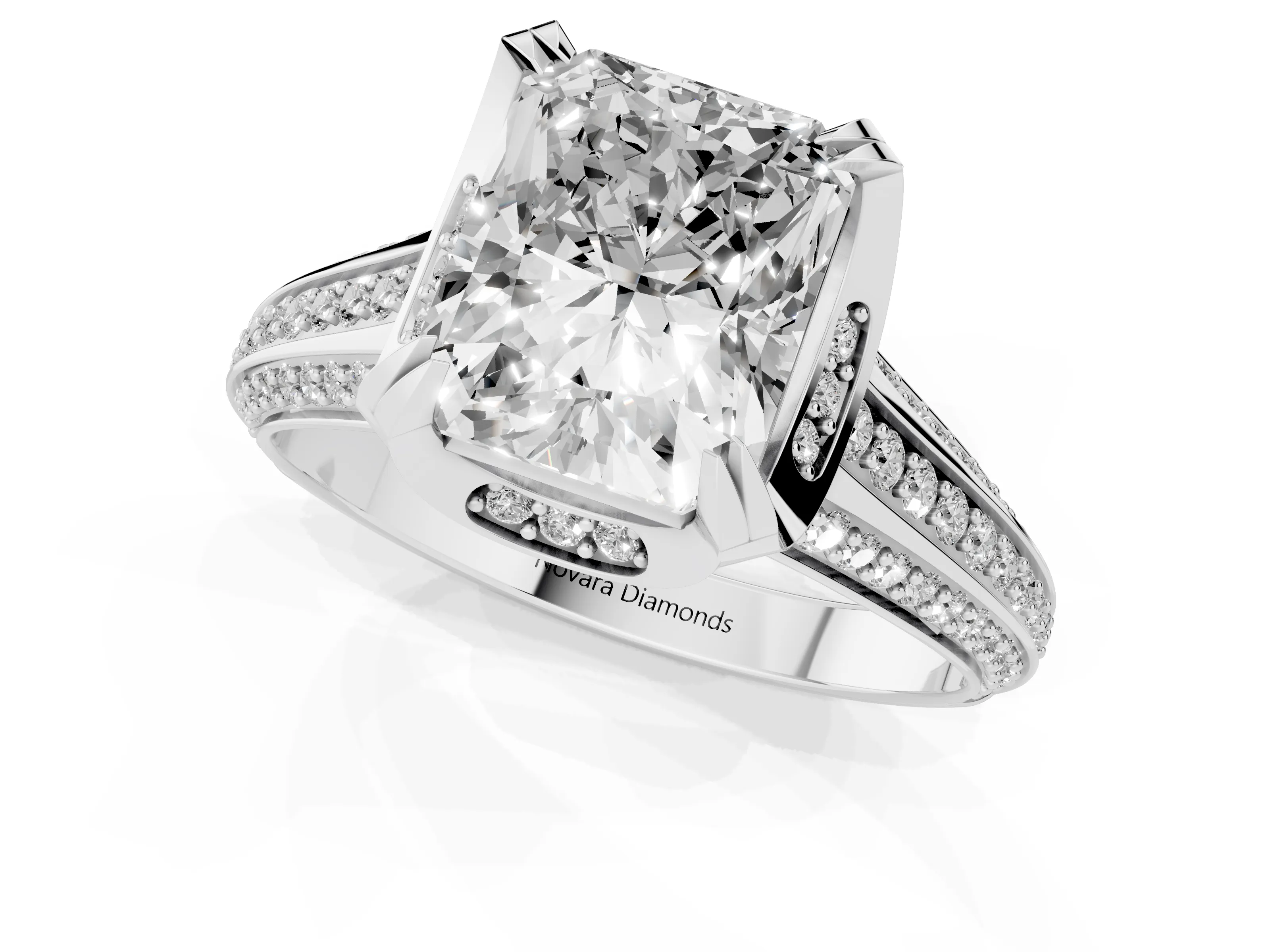 Radiant Cut Diamond Pavé Split Shank Solitaire Ring Set in Platinum with Prong Setting