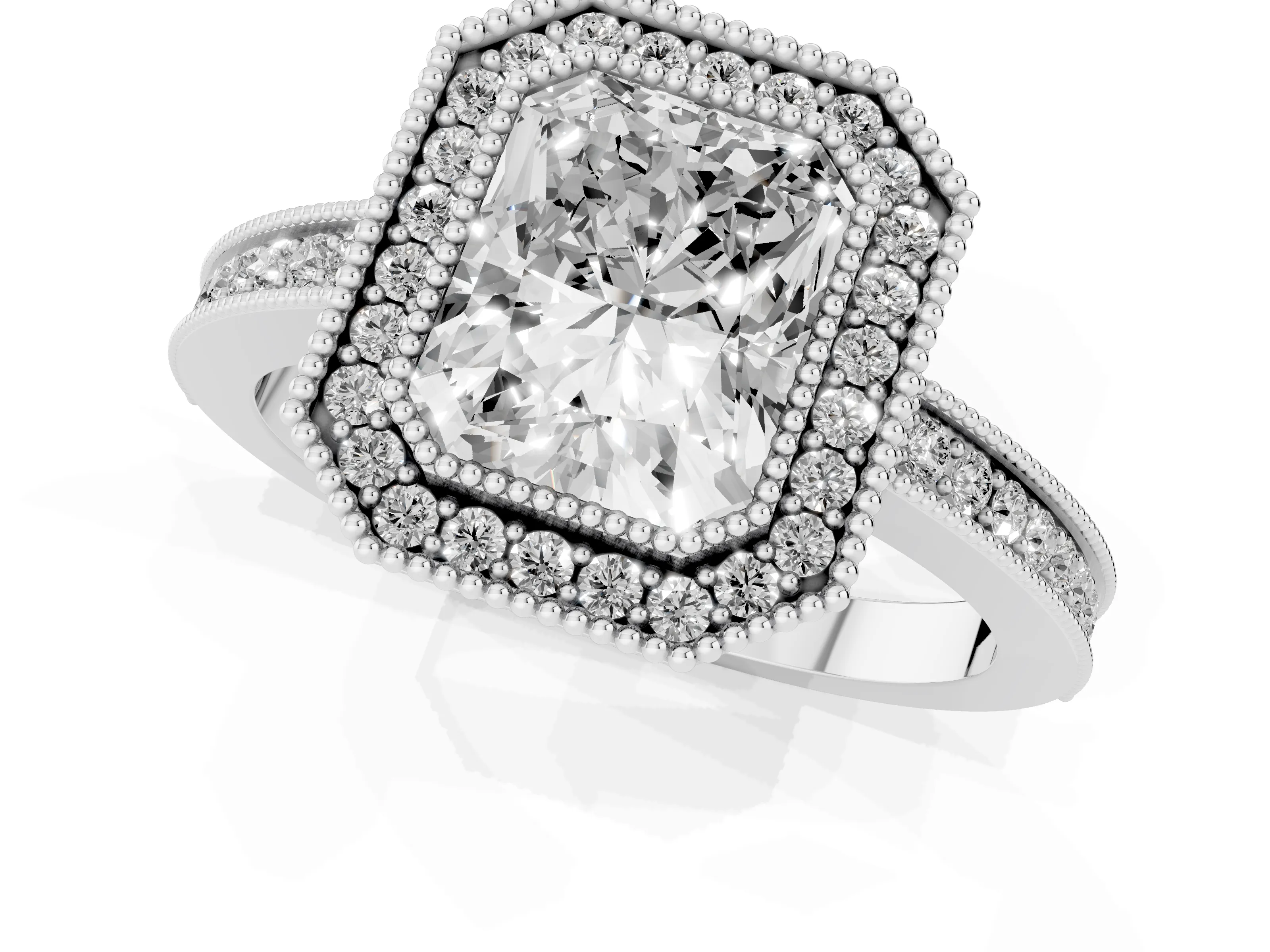 Radiant Cut Diamond Halo Ring Set in White gold with Pavé Band and Milgrain-Edged Prongs