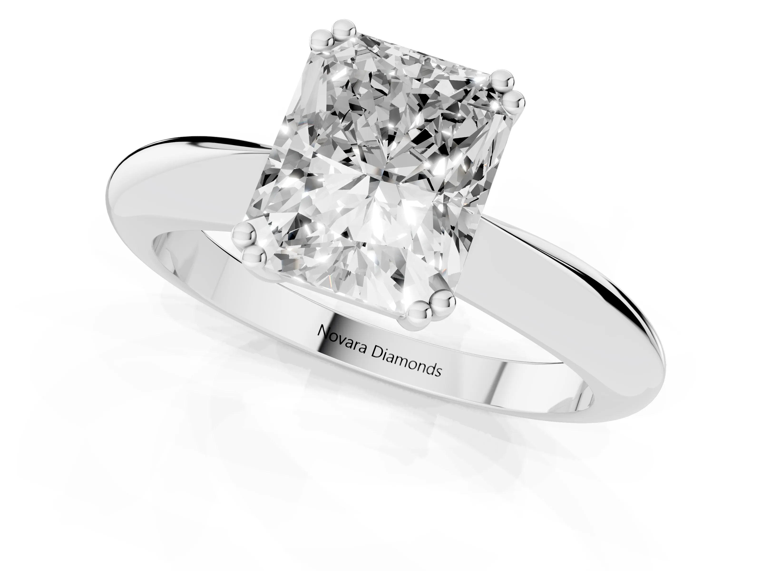 Radiant Cut Diamond Solitaire Engagement Ring Set in White gold with Tapered Band and Prong Setting – second view