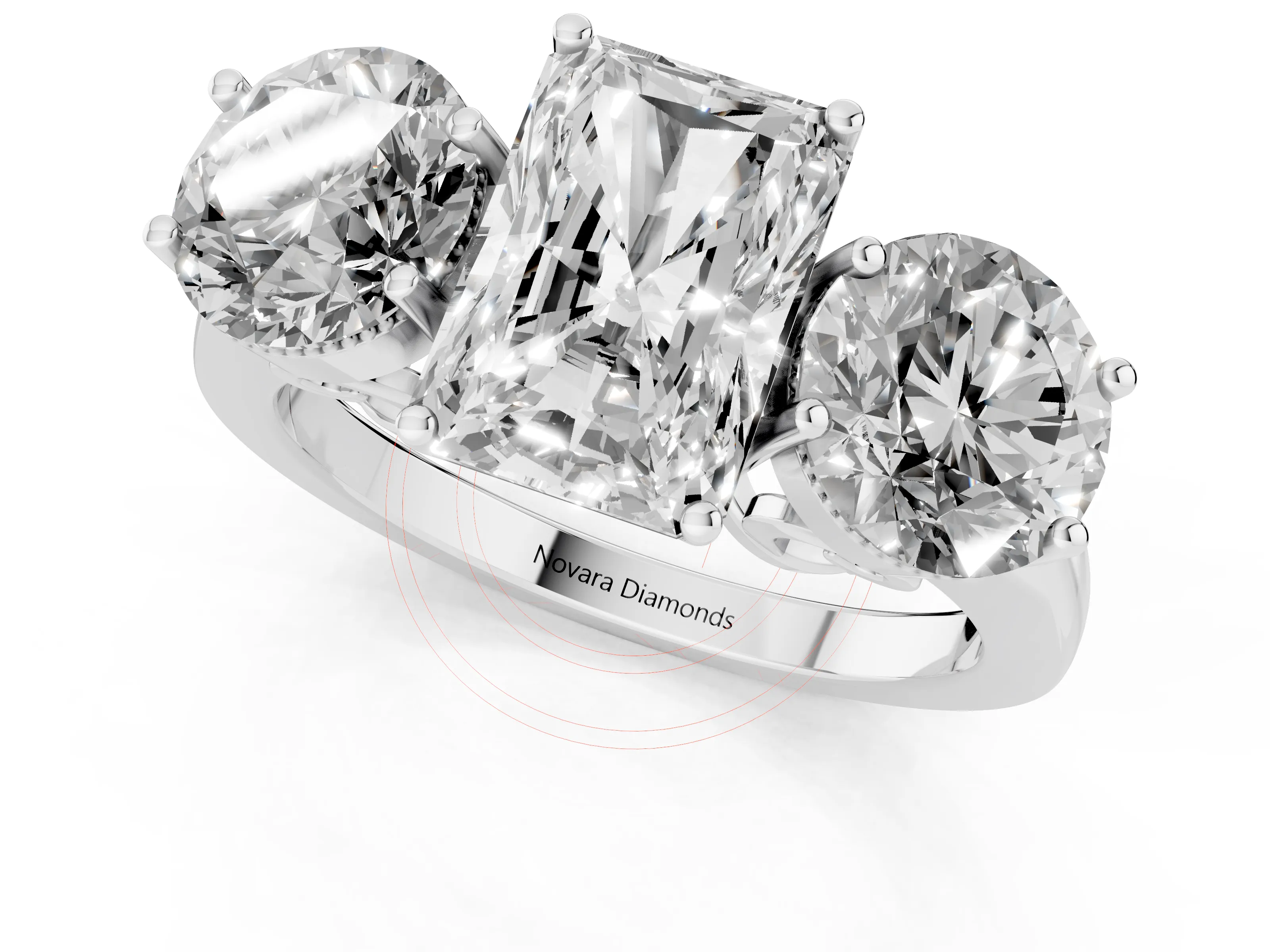 Radiant Cut Diamond Three-Stone Engagement Ring Set in White gold with Polished Band