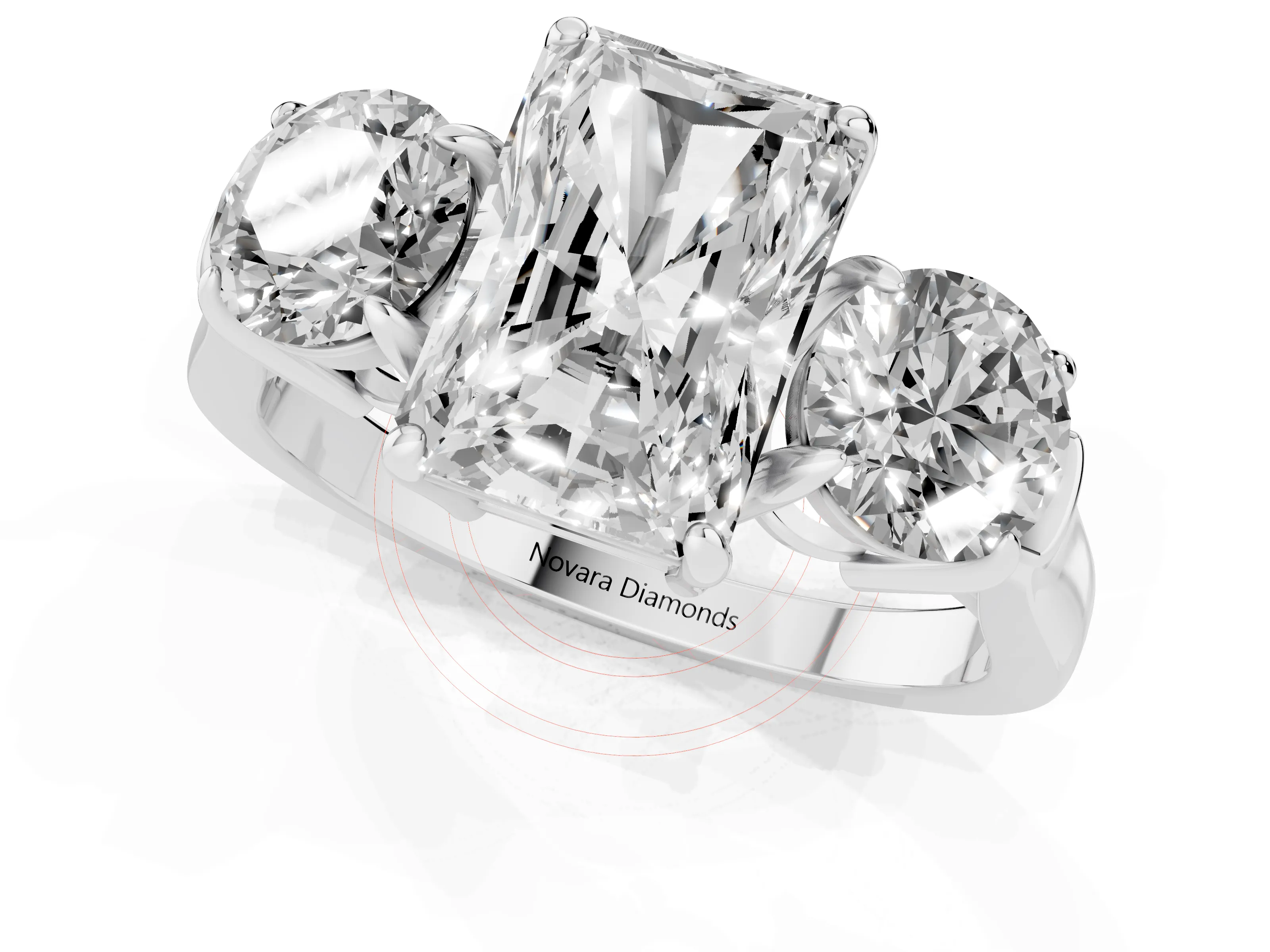 Radiant Cut Diamond Three-Stone Ring Set in Platinum with Round Accent Stones and Plain Band – second view