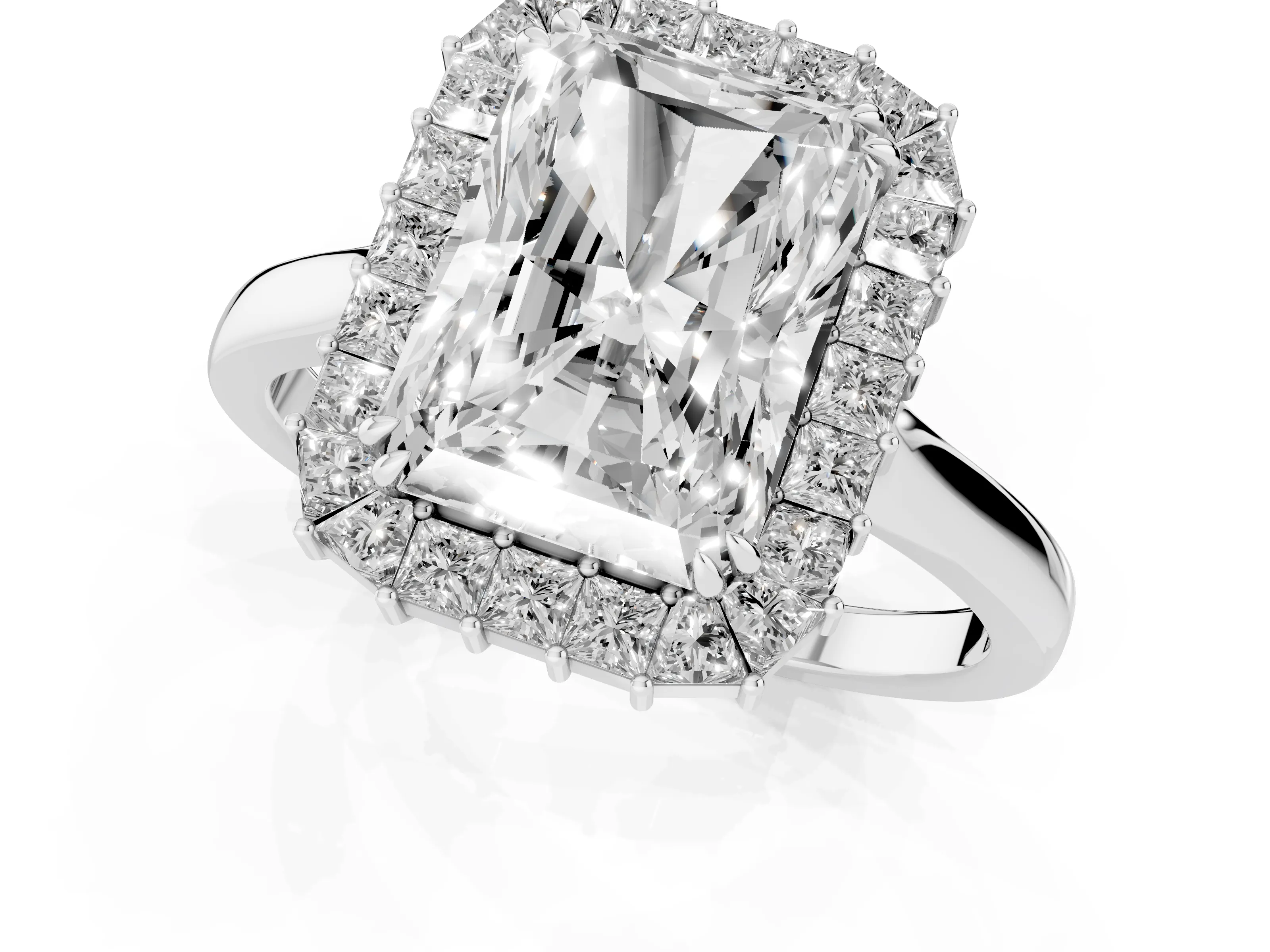 Radiant Diamond Baguette Halo Ring Set in Platinum with Round Accents and Slim Band