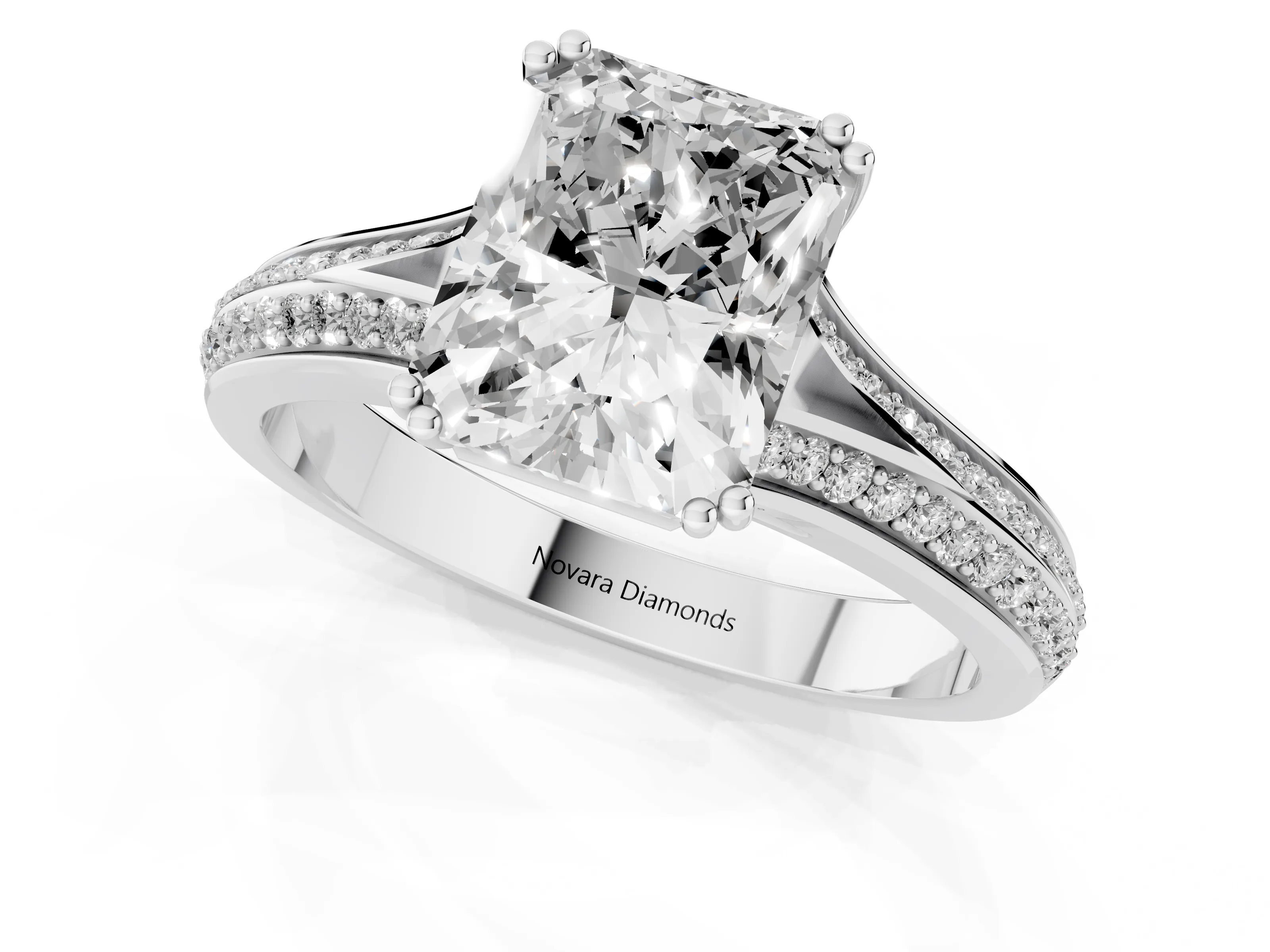 Radiant Cut Diamond Split Shank Pavé Engagement Ring Set in Platinum with Prong-Set Center Stone