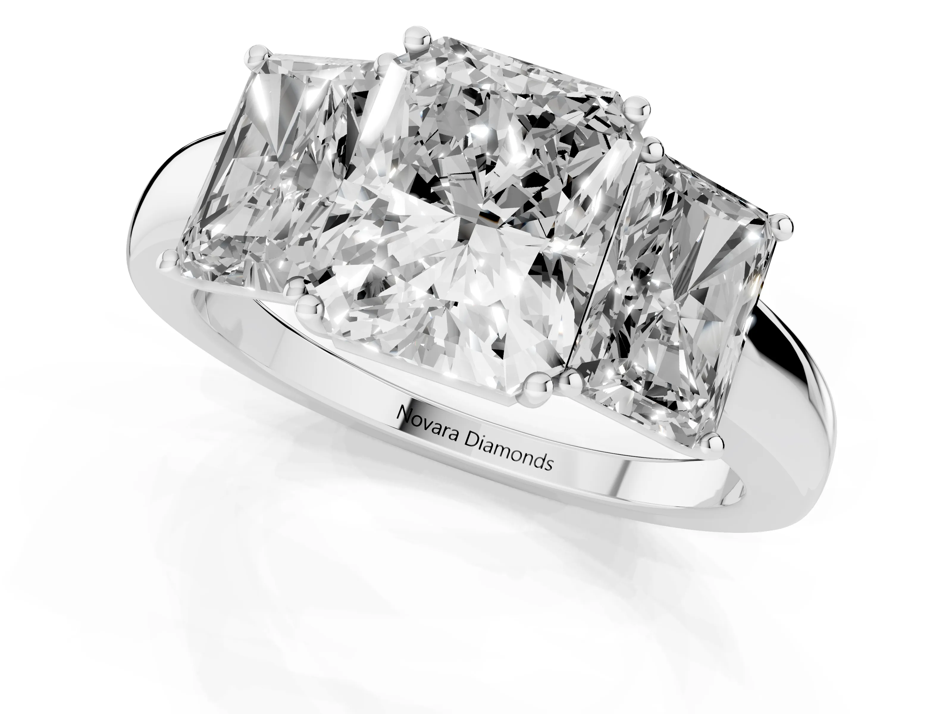 Radiant Cut Diamond Three-Stone Ring Set in Platinum with Bold Center and Classic Band