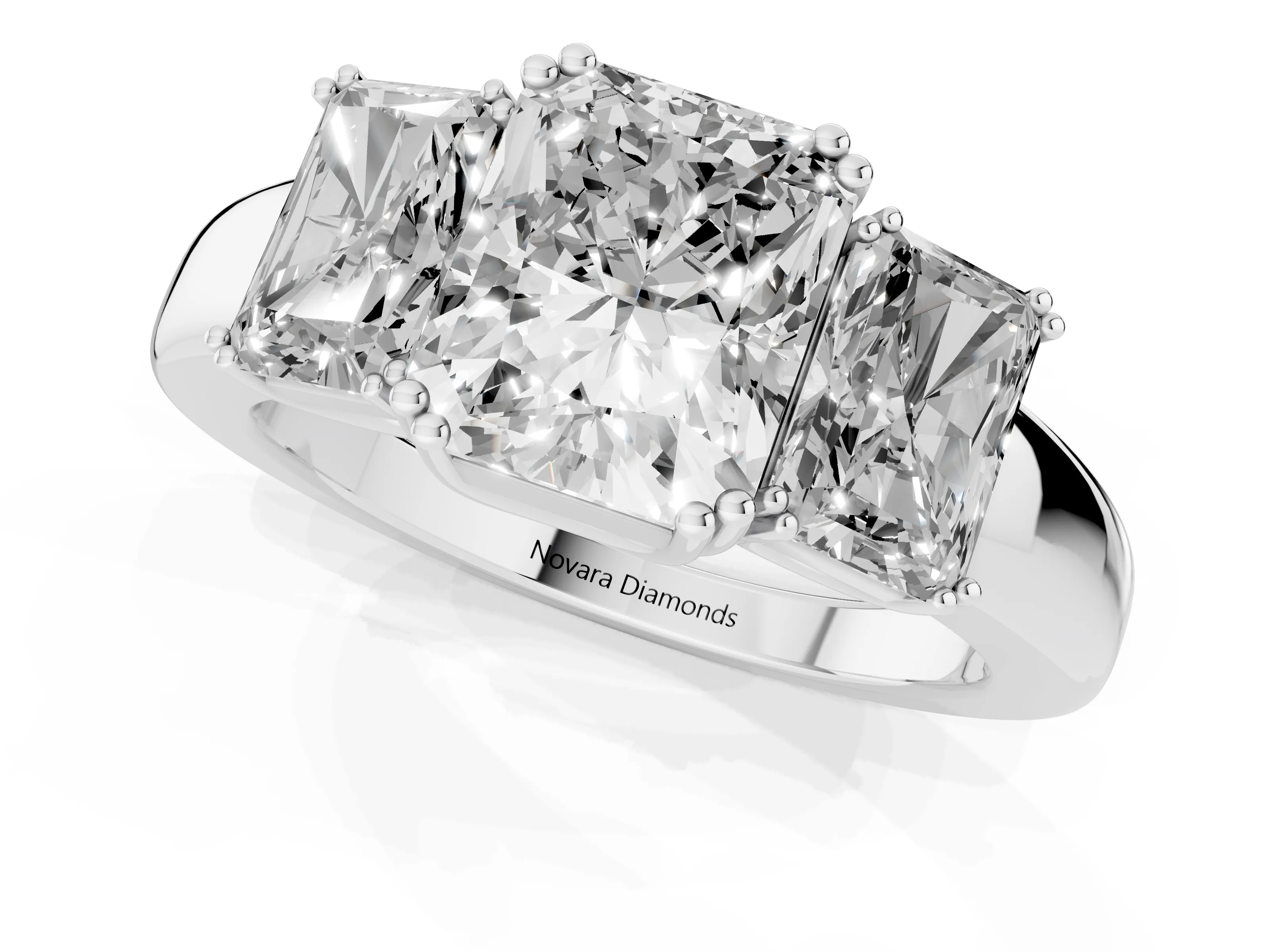 Radiant Cut Diamond Three-Stone Ring Set in White gold with Polished Channel-Set Band