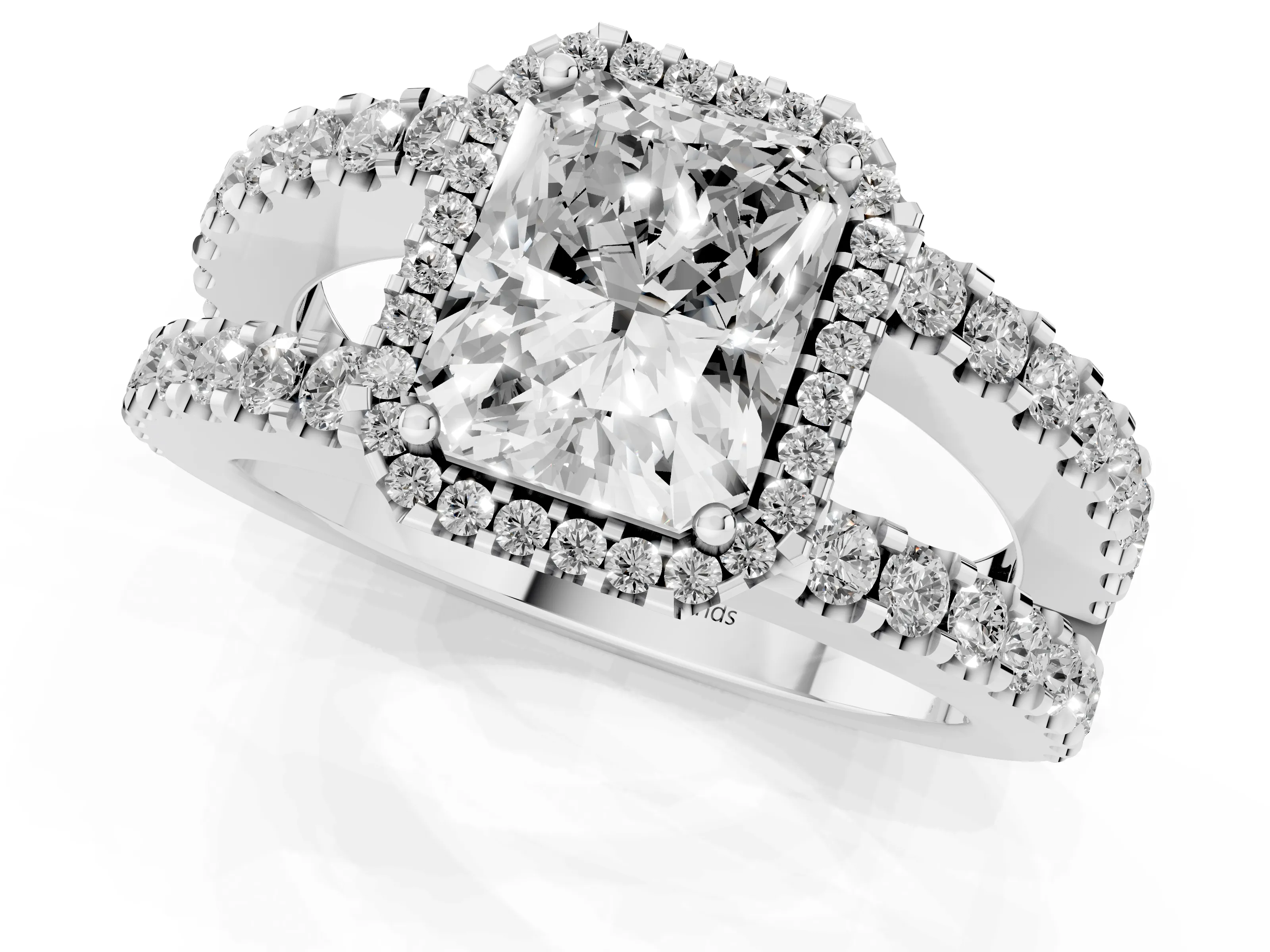 Radiant Cut Diamond Halo Ring Set in White gold with Pavé Split Shank and Prong Setting – second view