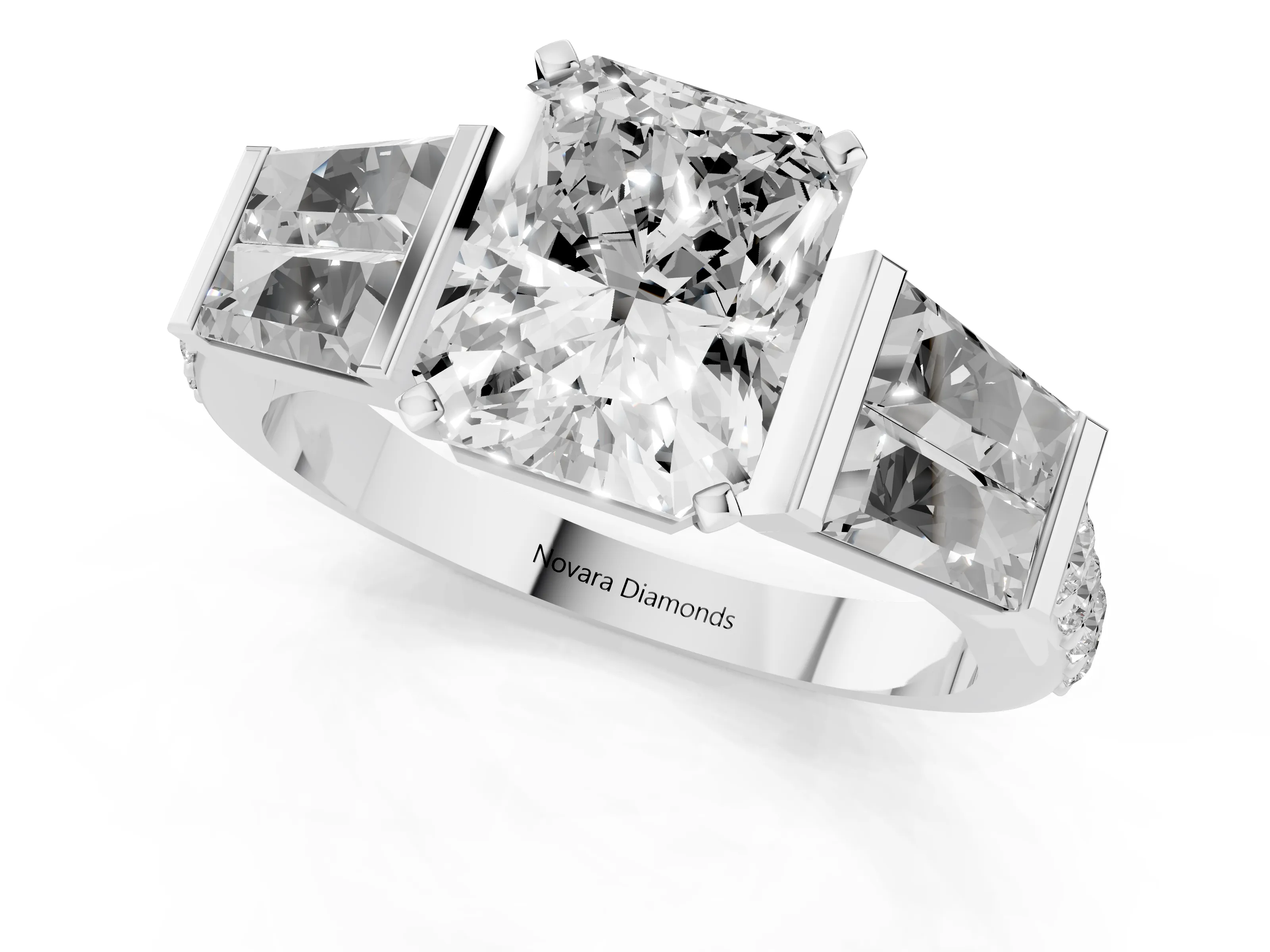 Radiant Cut Diamond Engagement Ring Set in White gold with Baguette Side Stones and Channel Set Band