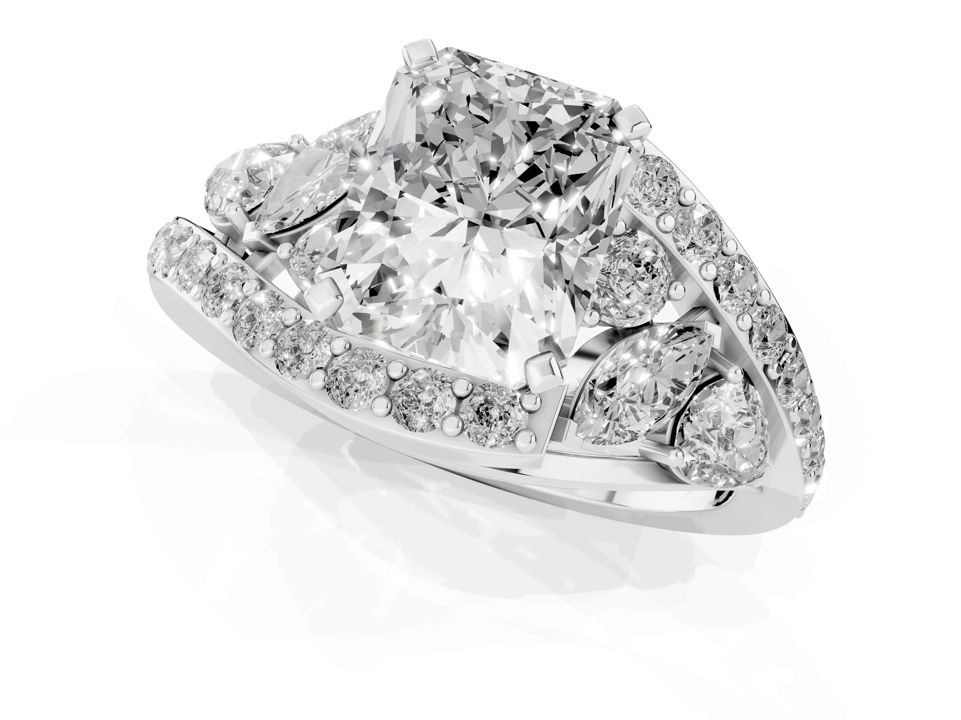Radiant Cut Diamond Halo Ring Set in Platinum with Marquise and Pavé Band in Prong Setting