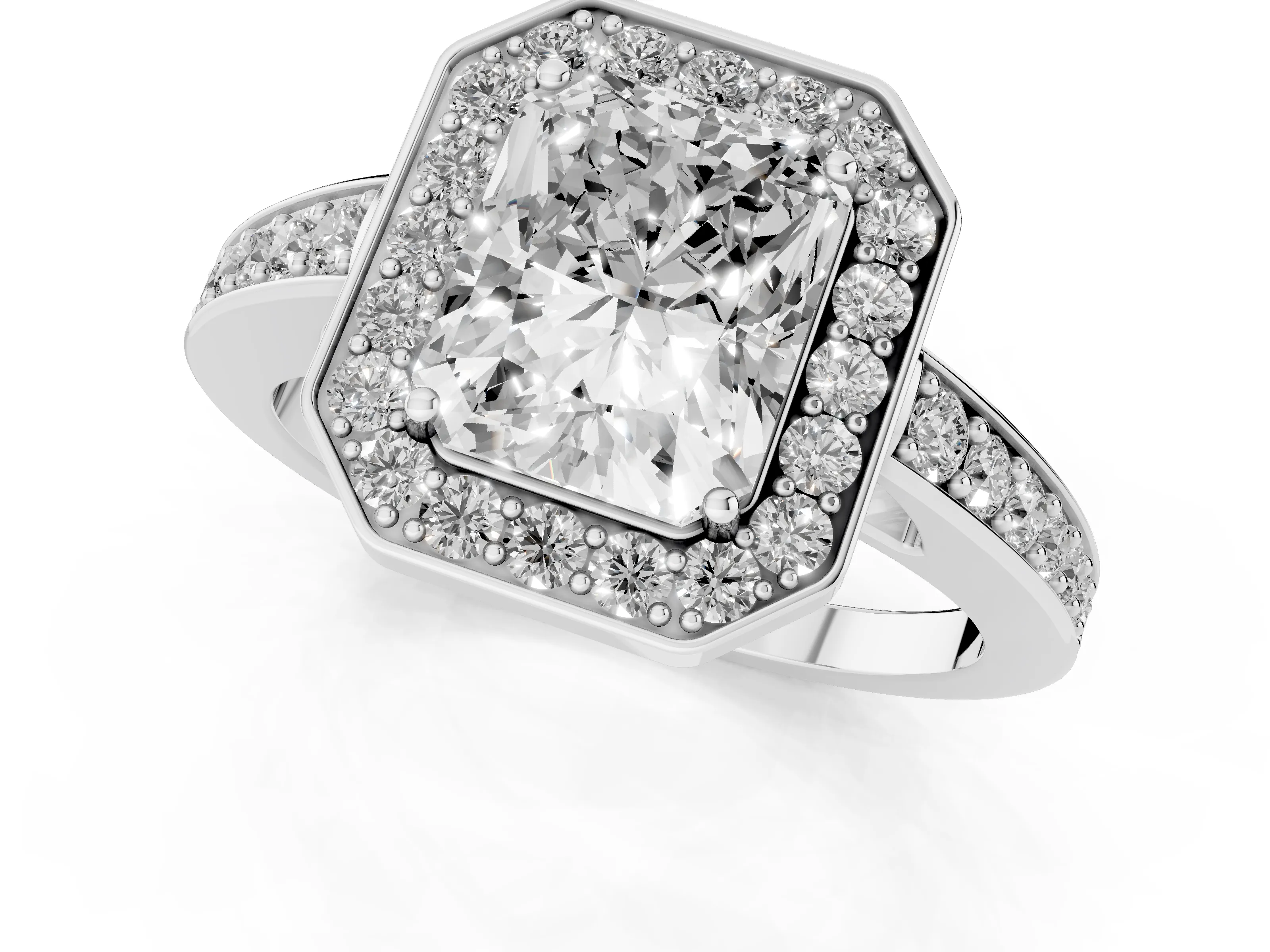 Radiant Cut Diamond Halo Pavé Engagement Ring Set in White gold with Bezel Setting – second view