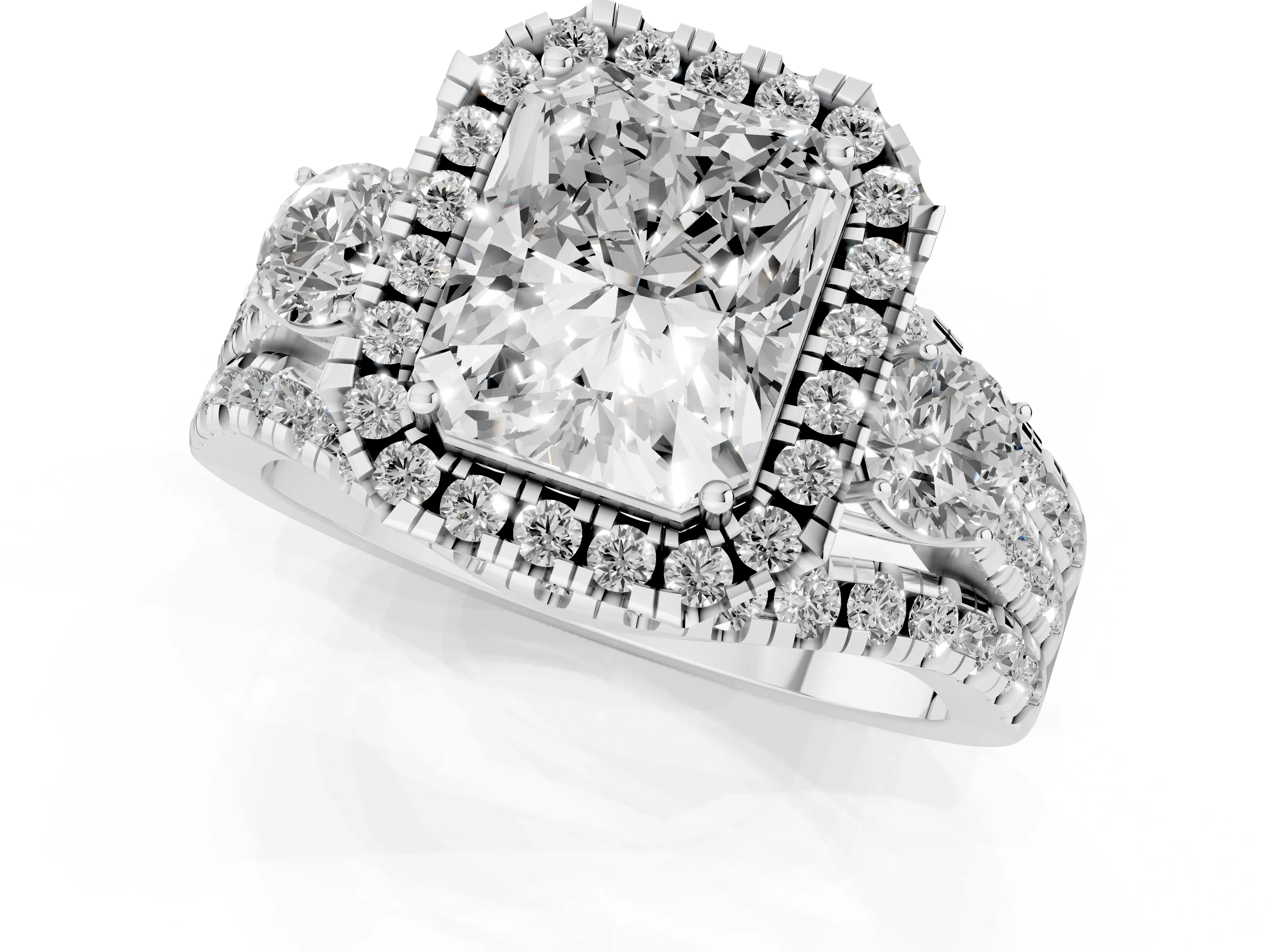 Radiant Cut Diamond Halo Split Shank Ring Set in Silver with Round Accent Stones and Prong Setting