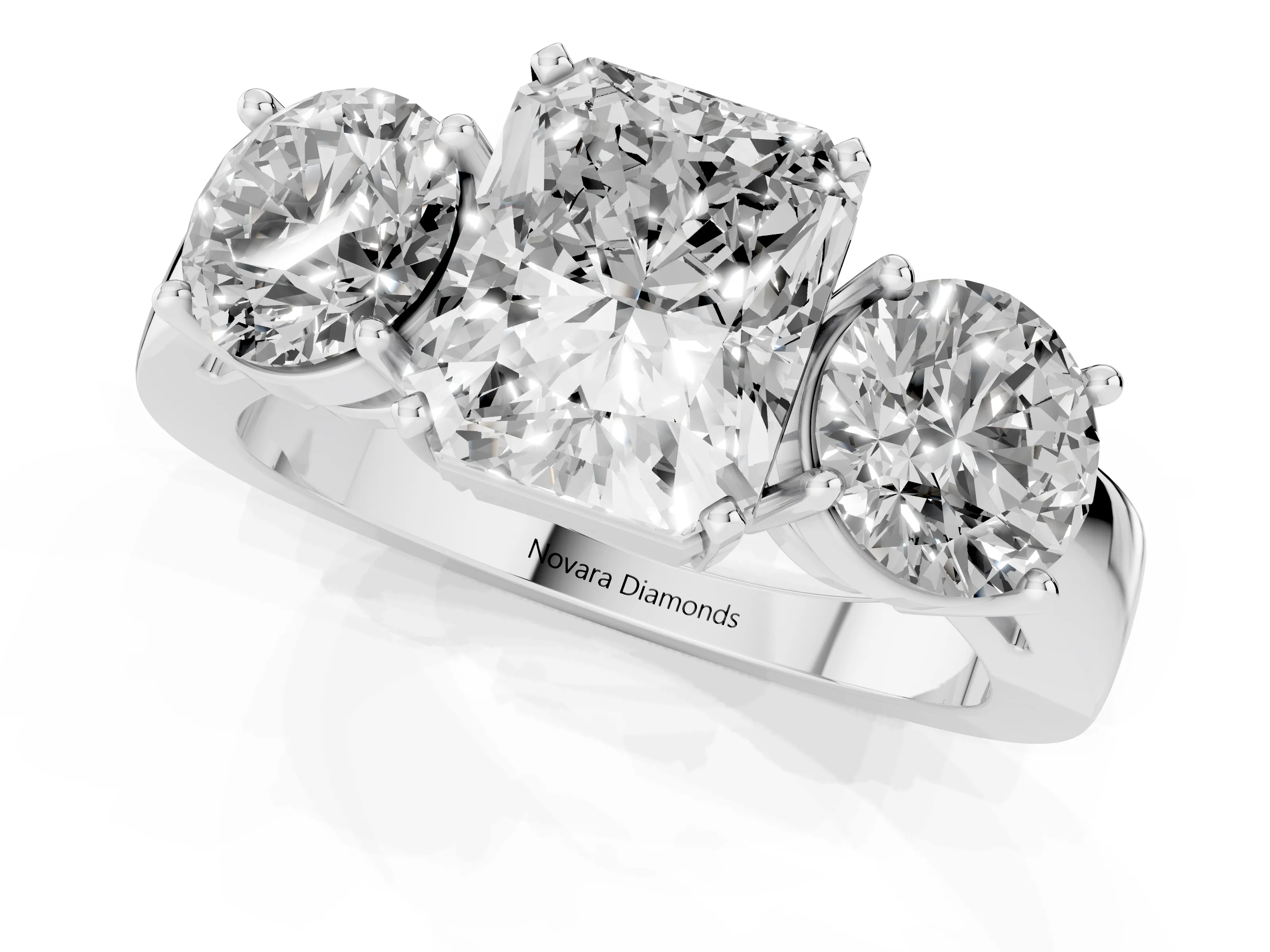 Radiant Cut Diamond Three-Stone Ring Set in Platinum with Round Side Stones and Classic Band