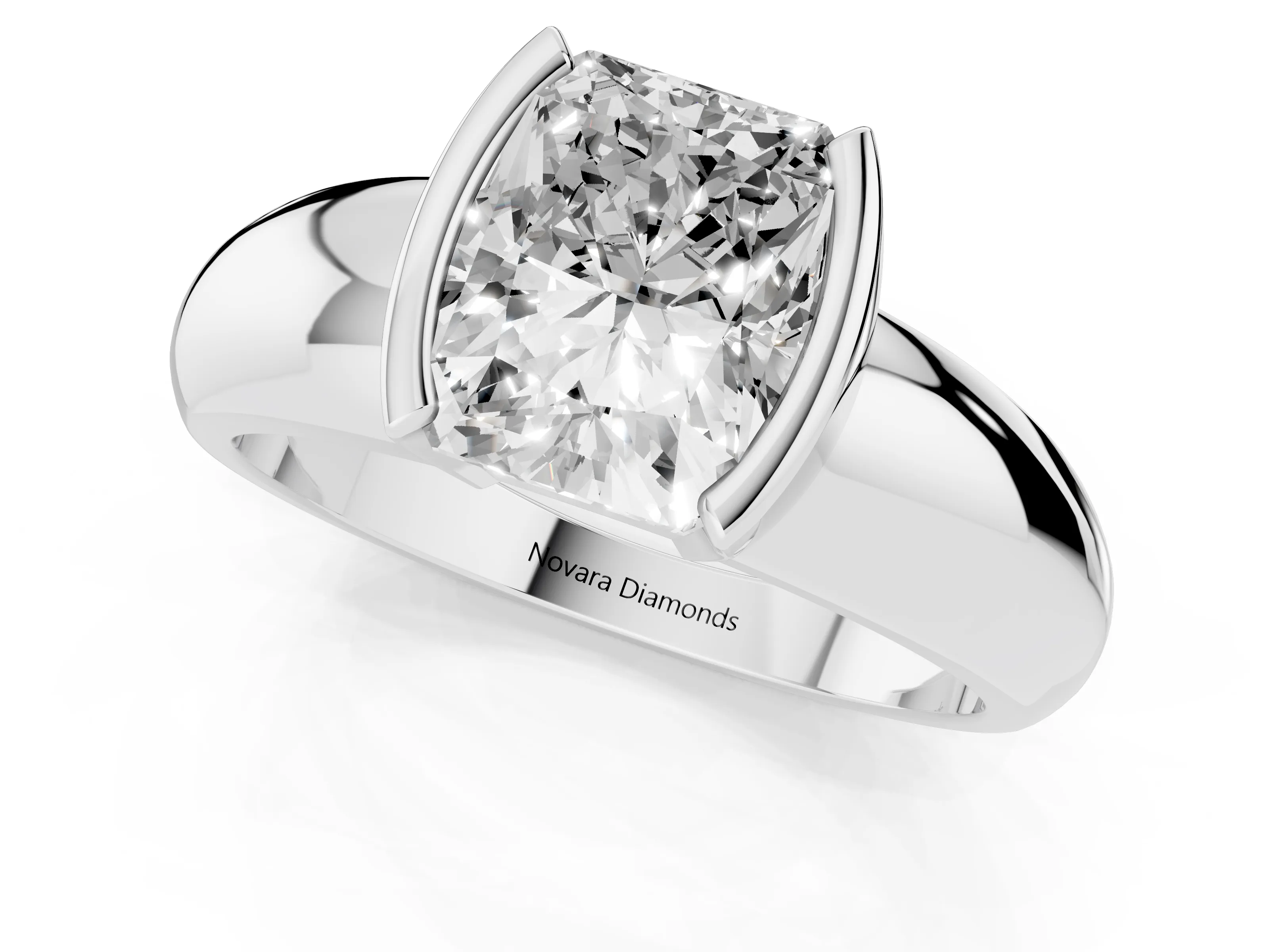 Radiant Cut Diamond Solitaire Tension Set Ring Set in White gold with Wide Band
