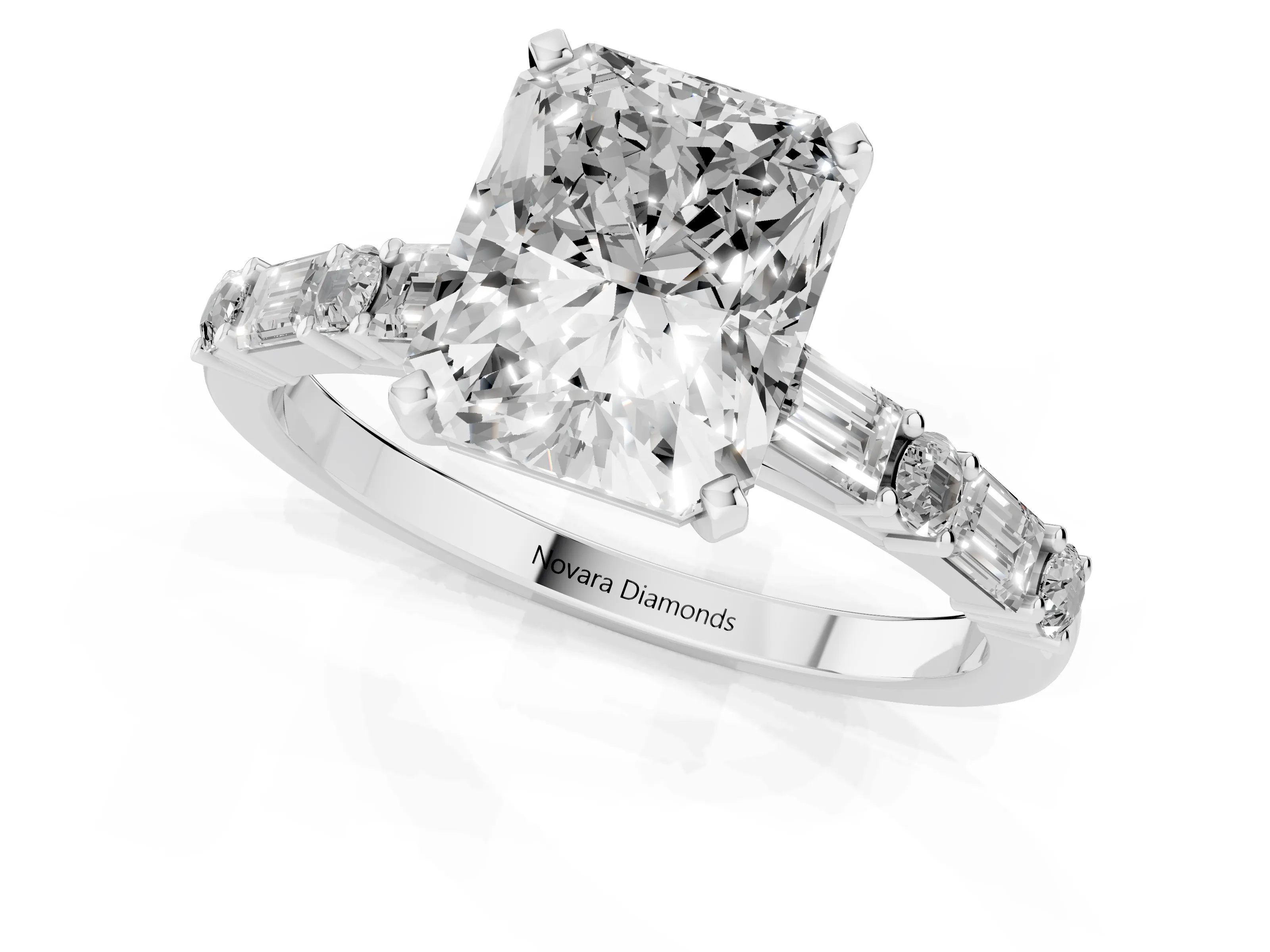Radiant Cut Diamond Solitaire Set in White gold with Side Baguettes and Channel Set Band – second view