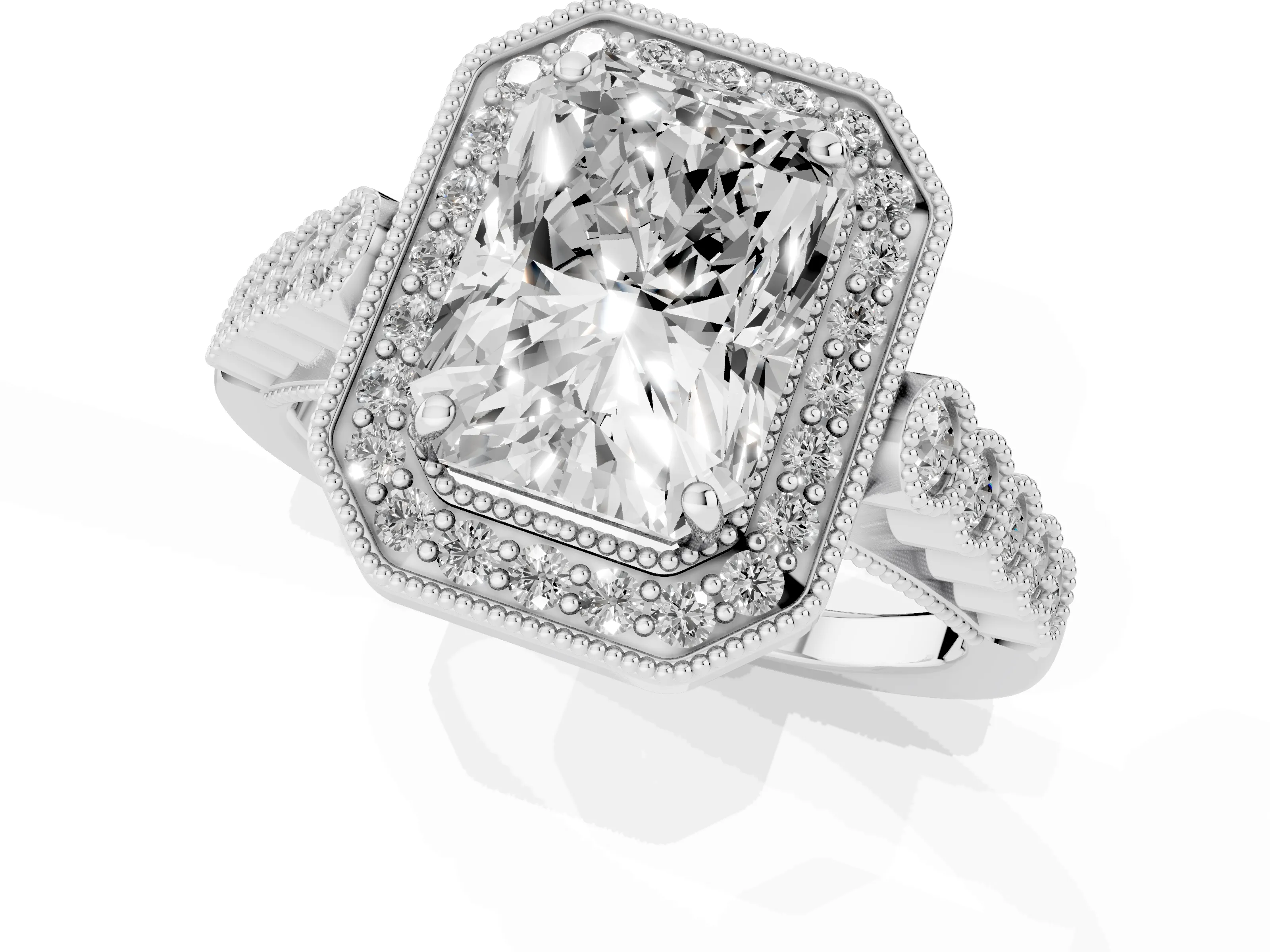 Radiant Cut Diamond Milgrain Halo Solitaire Ring Set in Platinum with Bezel Set Side Stones and Pavé Band