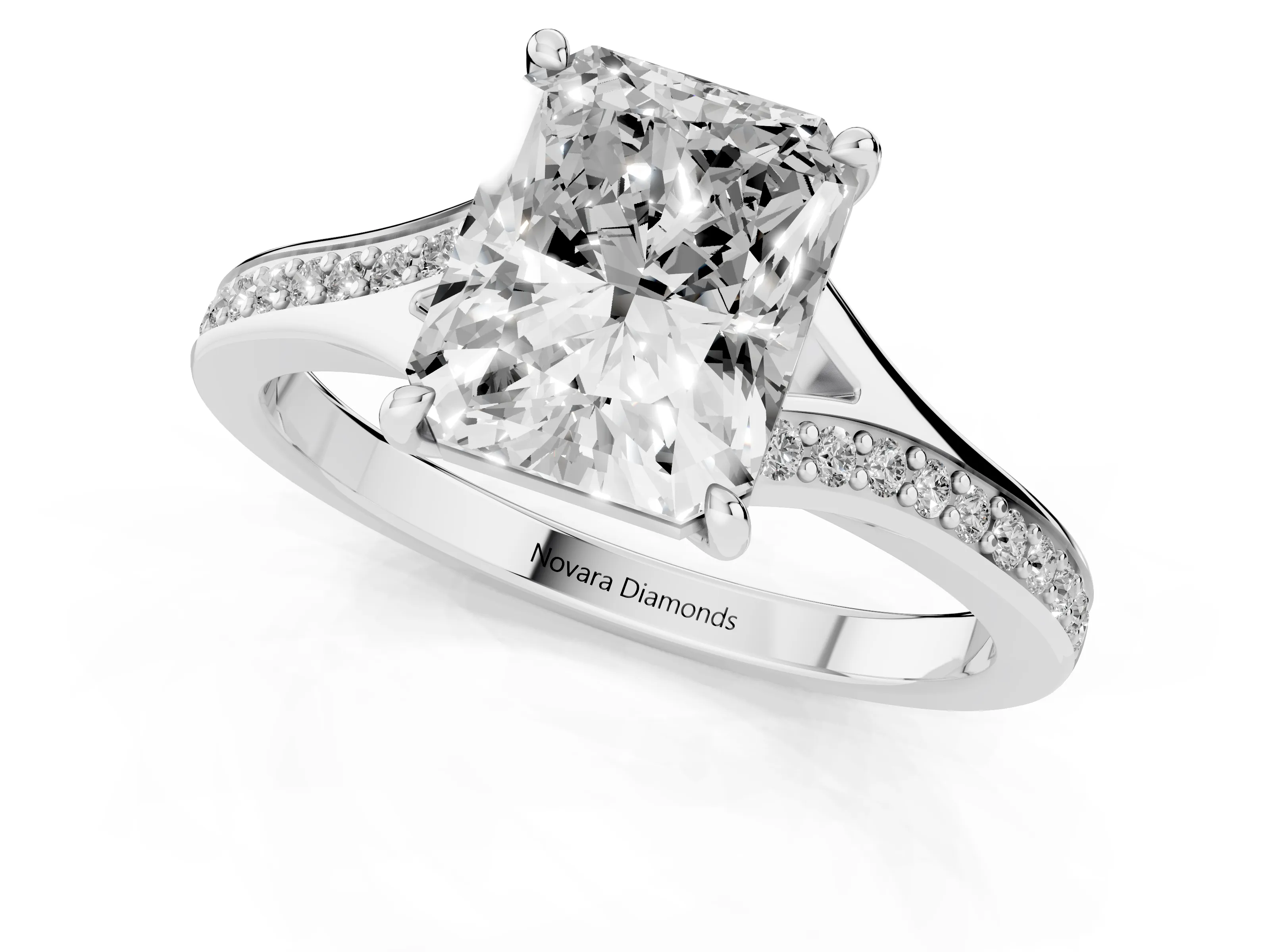 Radiant Cut Diamond Solitaire Ring Set in White gold with Pavé Accent Band and Classic Prong Setting