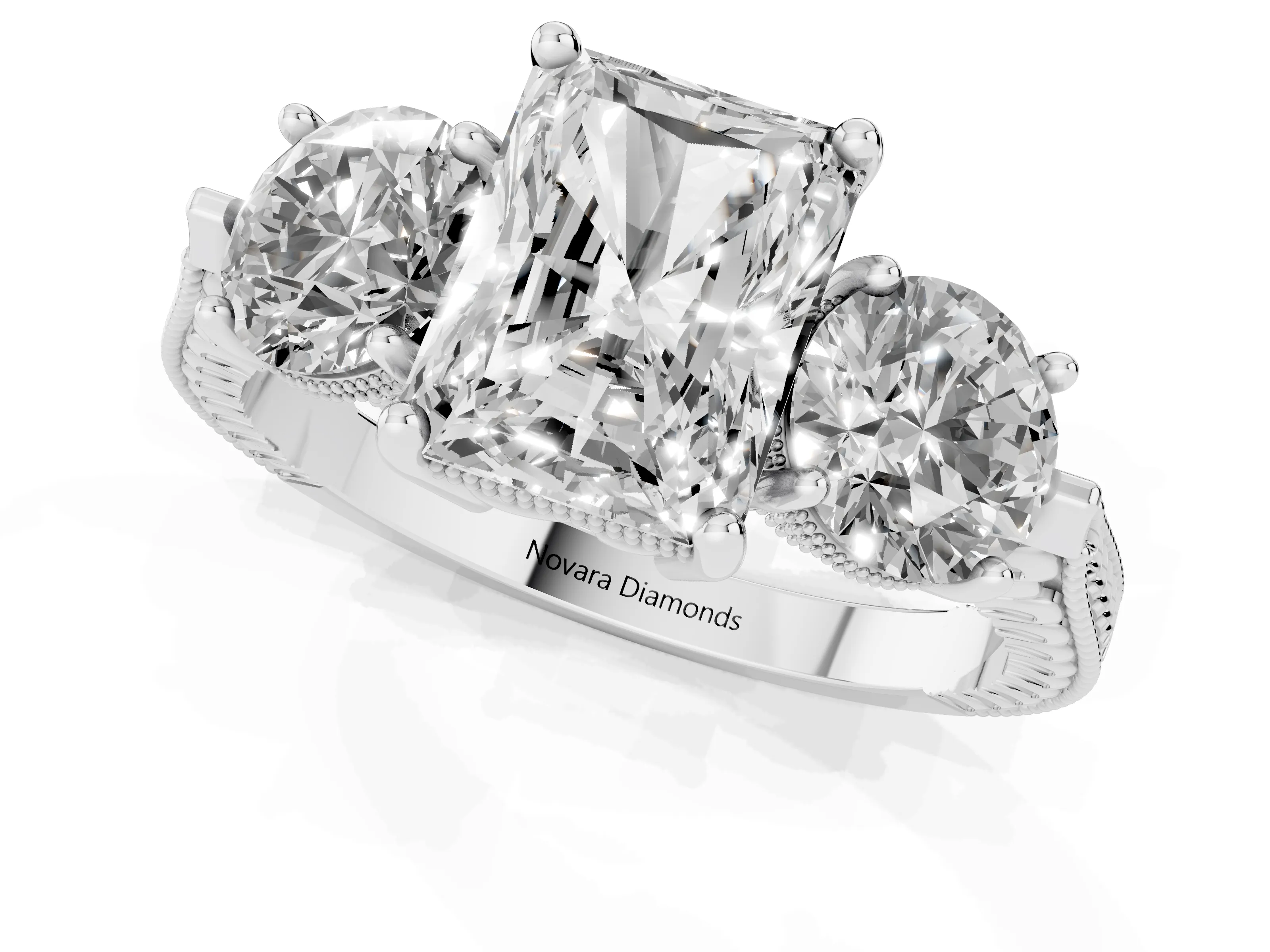 Radiant Cut Diamond Three-Stone Ring Set in Silver with Milgrain Band