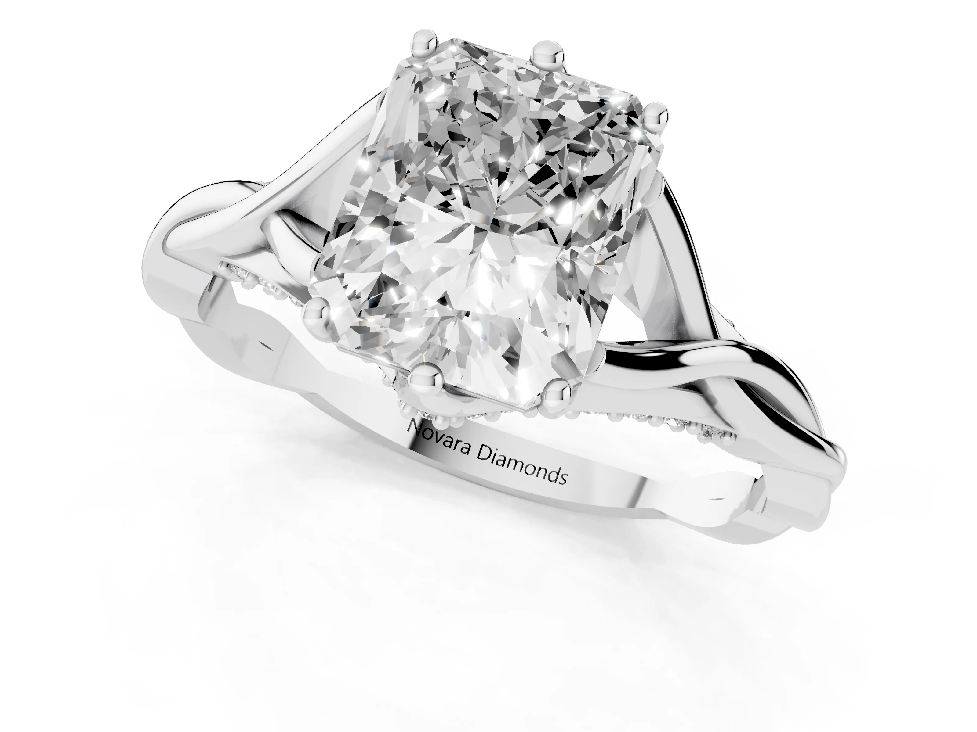 Radiant Cut Diamond Intertwined Twist Band Solitaire Ring Set in White gold with Prong Setting