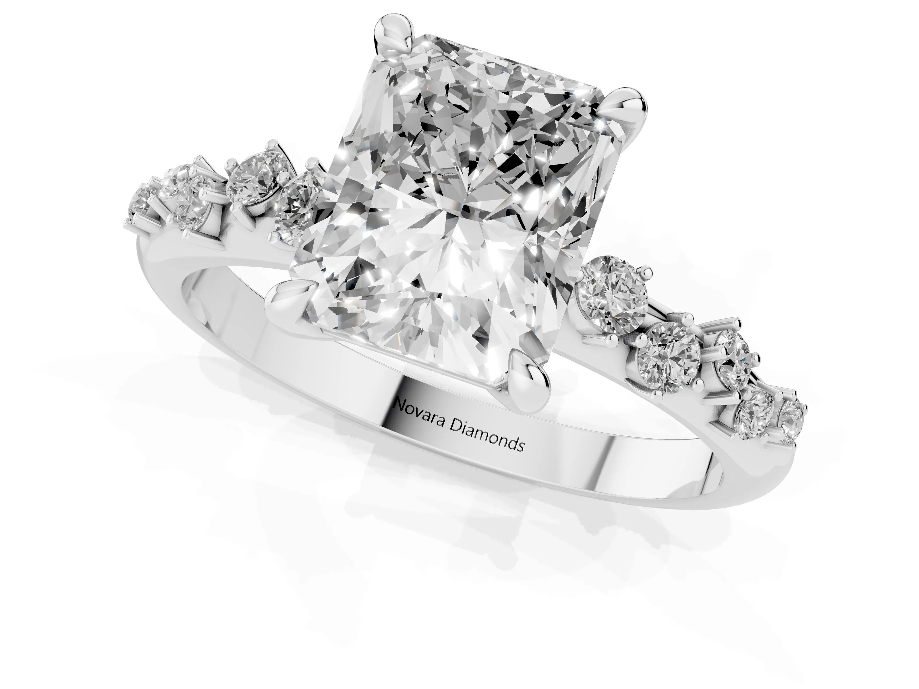 Radiant Cut Diamond Solitaire Vine Band Ring Set in Platinum with Round Accents and Prong Setting