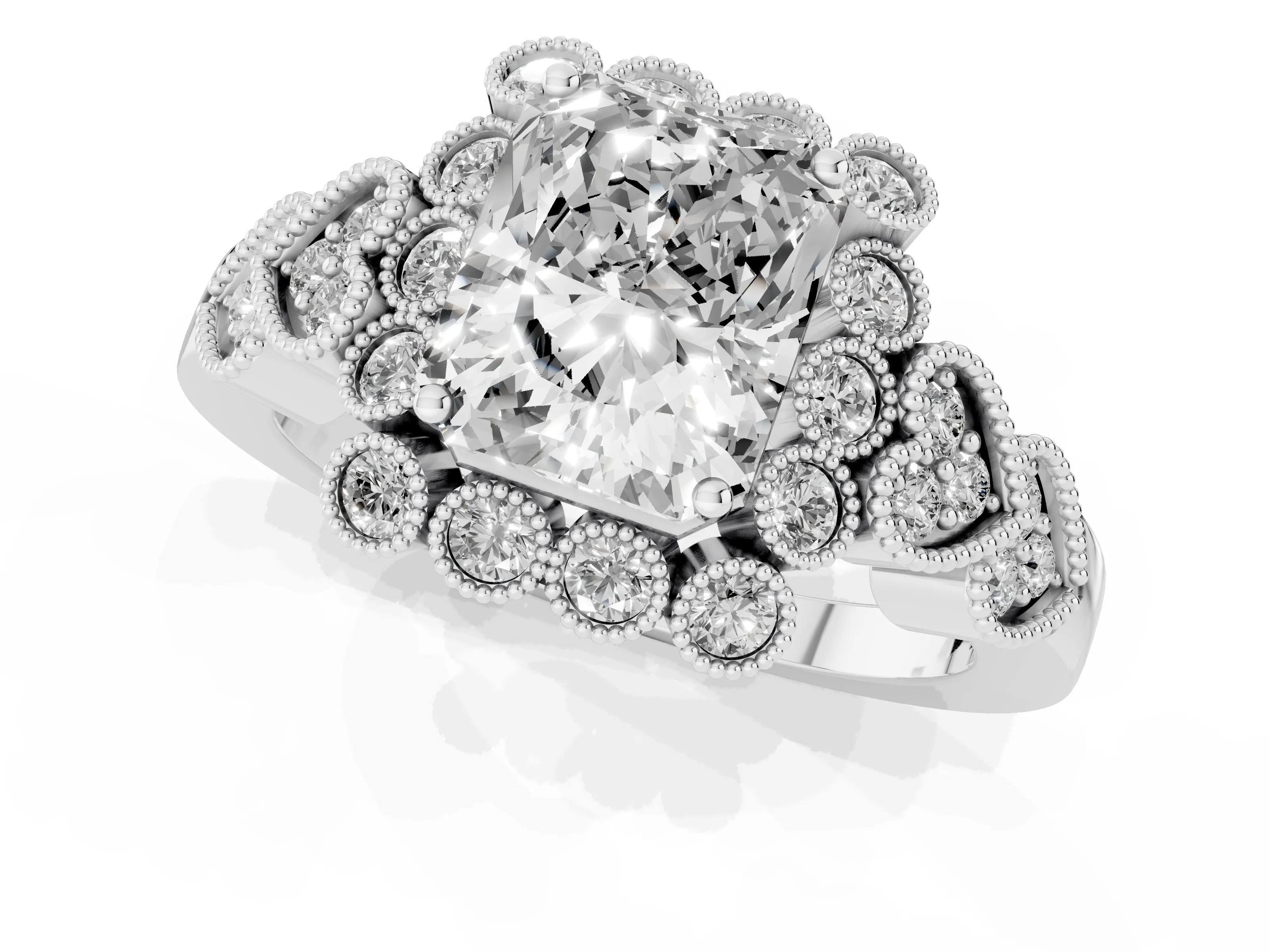 Radiant Cut Diamond Solitaire Ring Set in White gold with Milgrain Pavé Heart Band