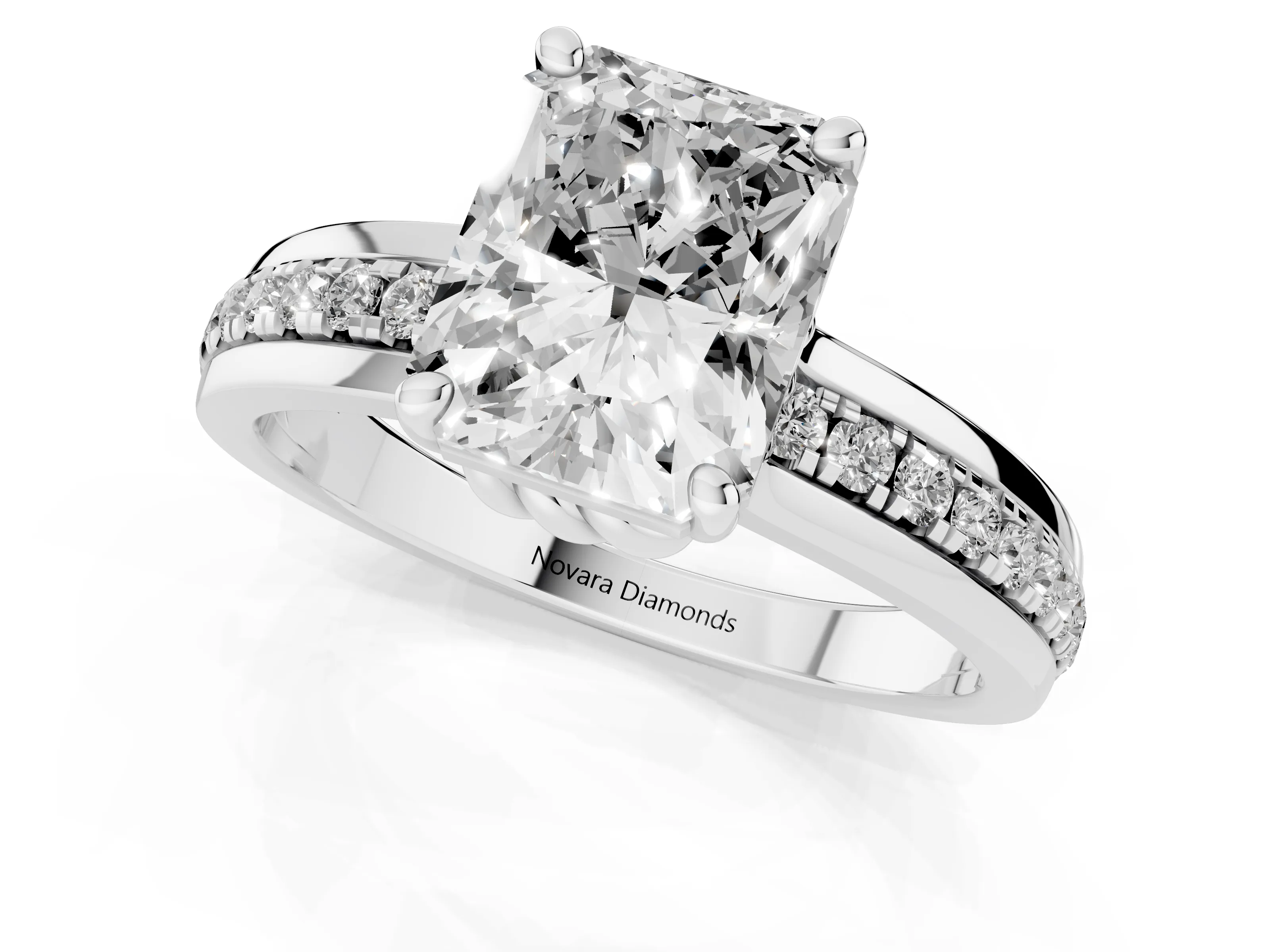 Radiant Cut Diamond Solitaire Ring Set in White gold with Channel Set Band and Prong Setting