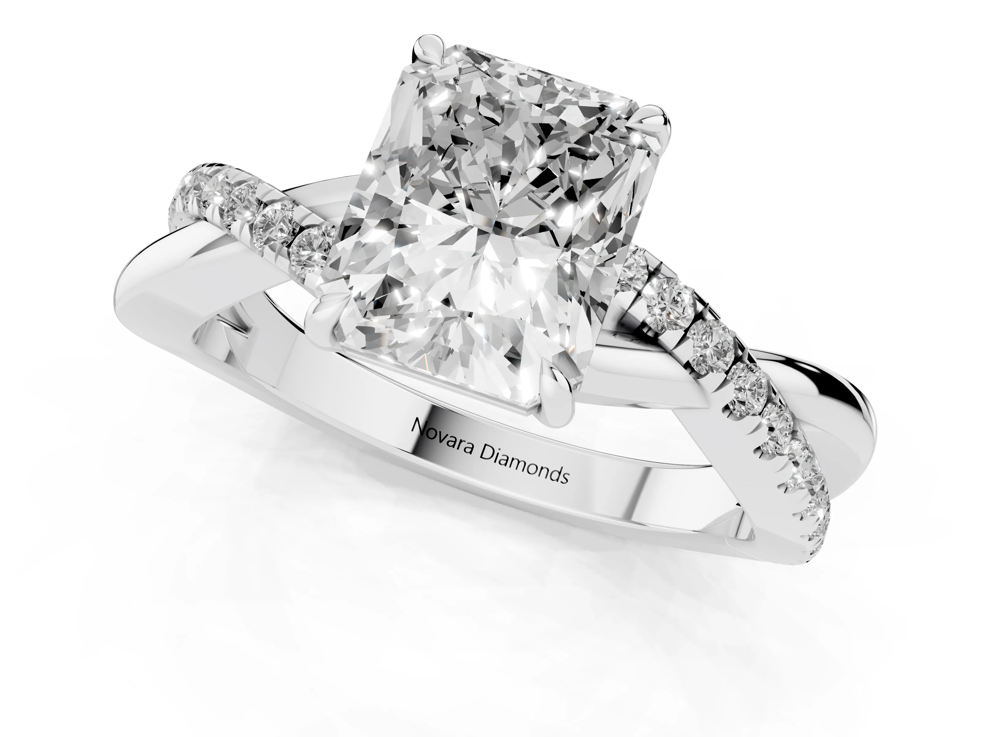 Radiant Cut Diamond Twisted Pavé Band Ring Set in Silver with Prong Setting