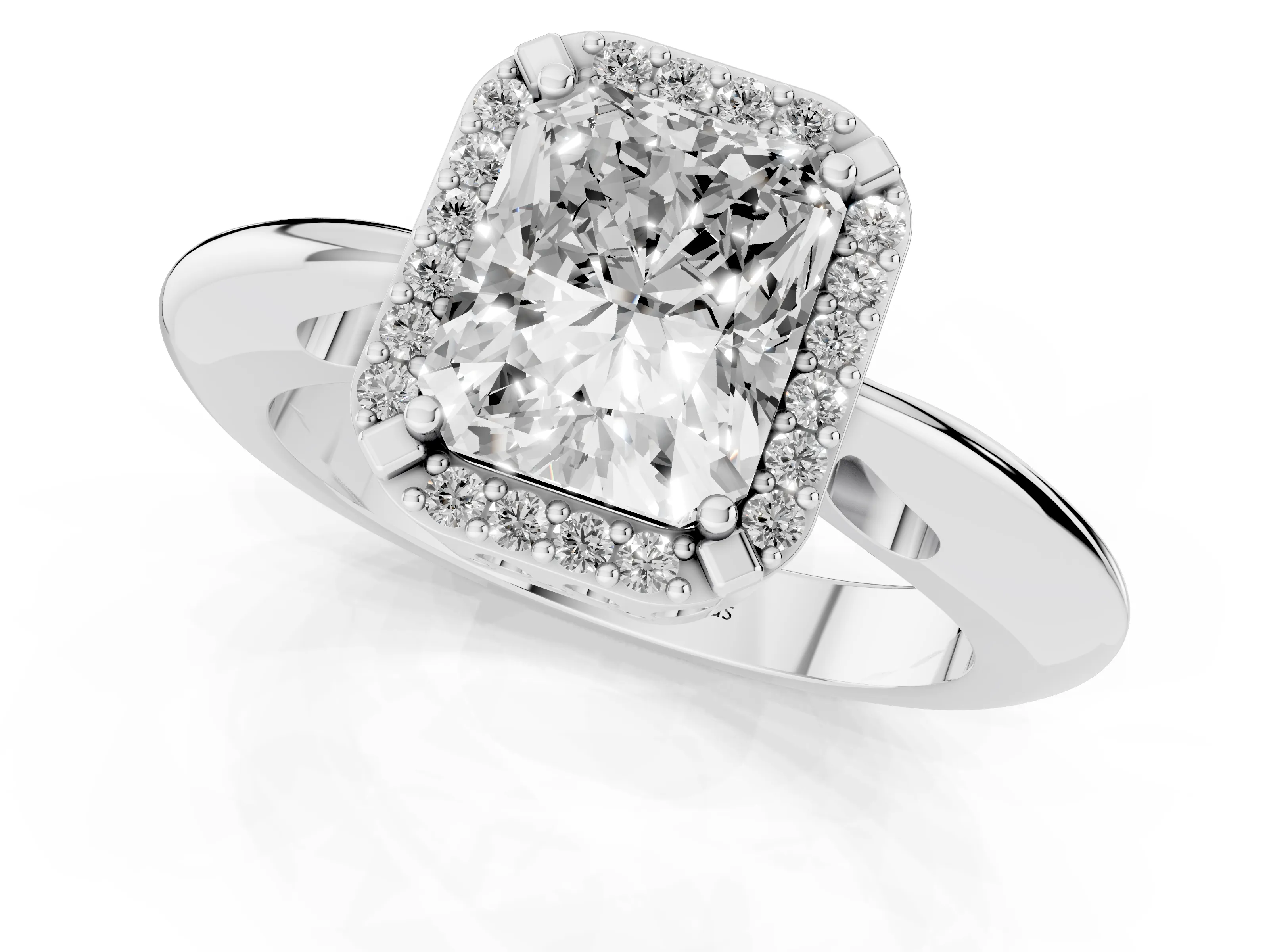 Radiant Cut Diamond Halo Engagement Ring Set in White gold with Plain Split Shank and Prong Setting – second view