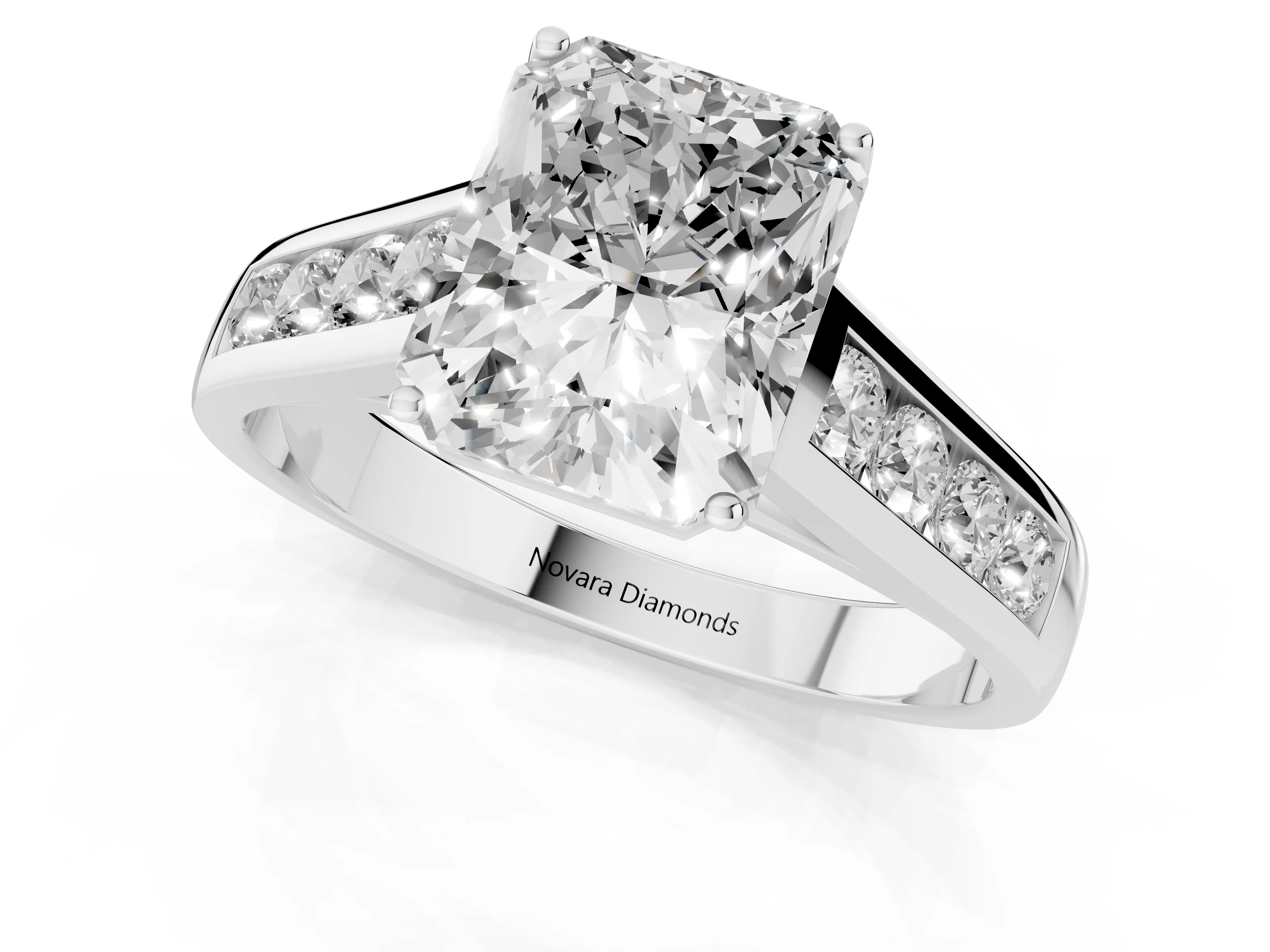 Radiant Cut Diamond Brilliant Channel-Set Solitaire Ring Set in White gold with Prong Setting