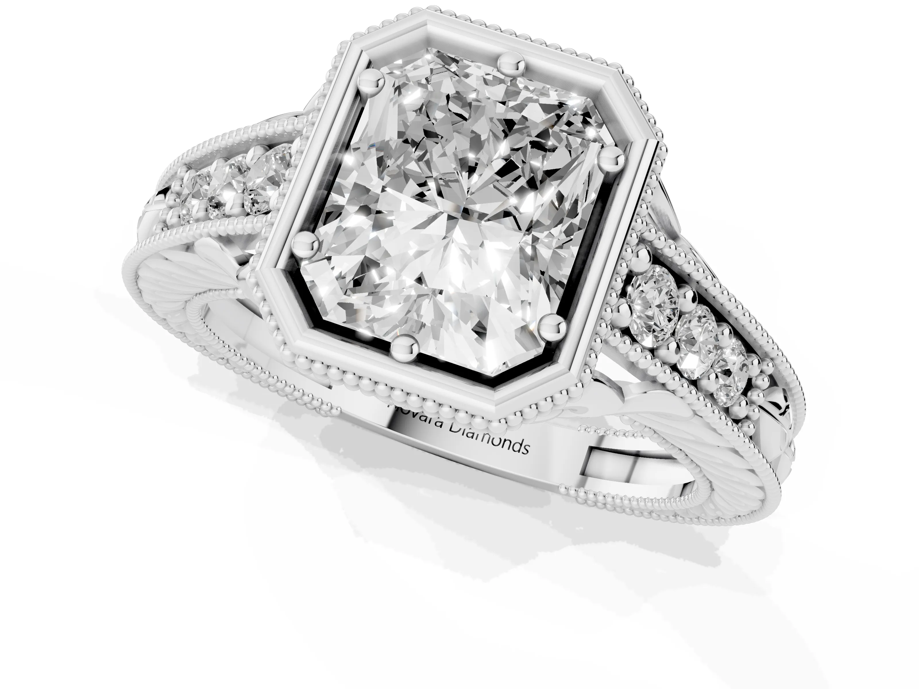 Bezel Set Radiant Cut Diamond Milgrain Pavé Engagement Ring Set in White gold – second view